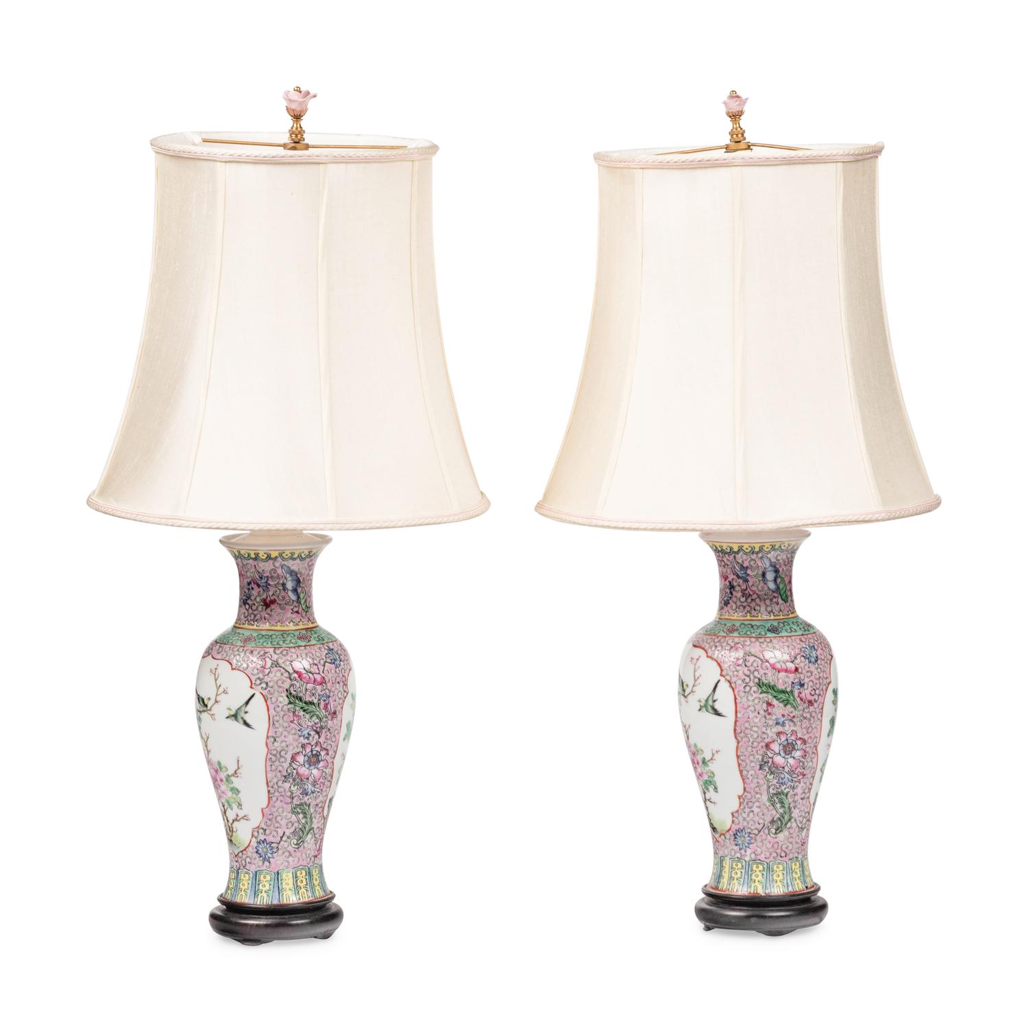 A Pair of Chinese Export Porcelain Meiping Vases Mounted as Lamps