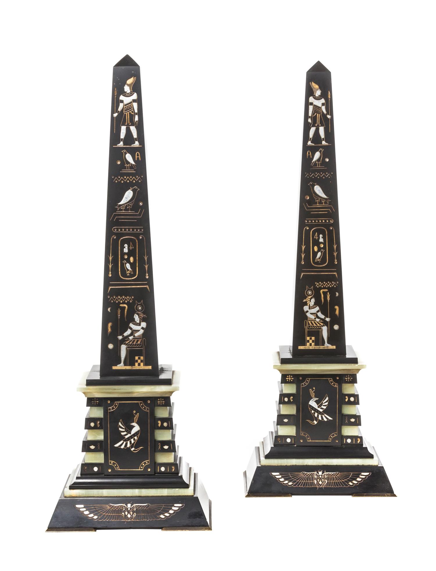 A Pair of Egyptian Revival Slate and Onyx Obelisks, Height 21 1/4 inches.