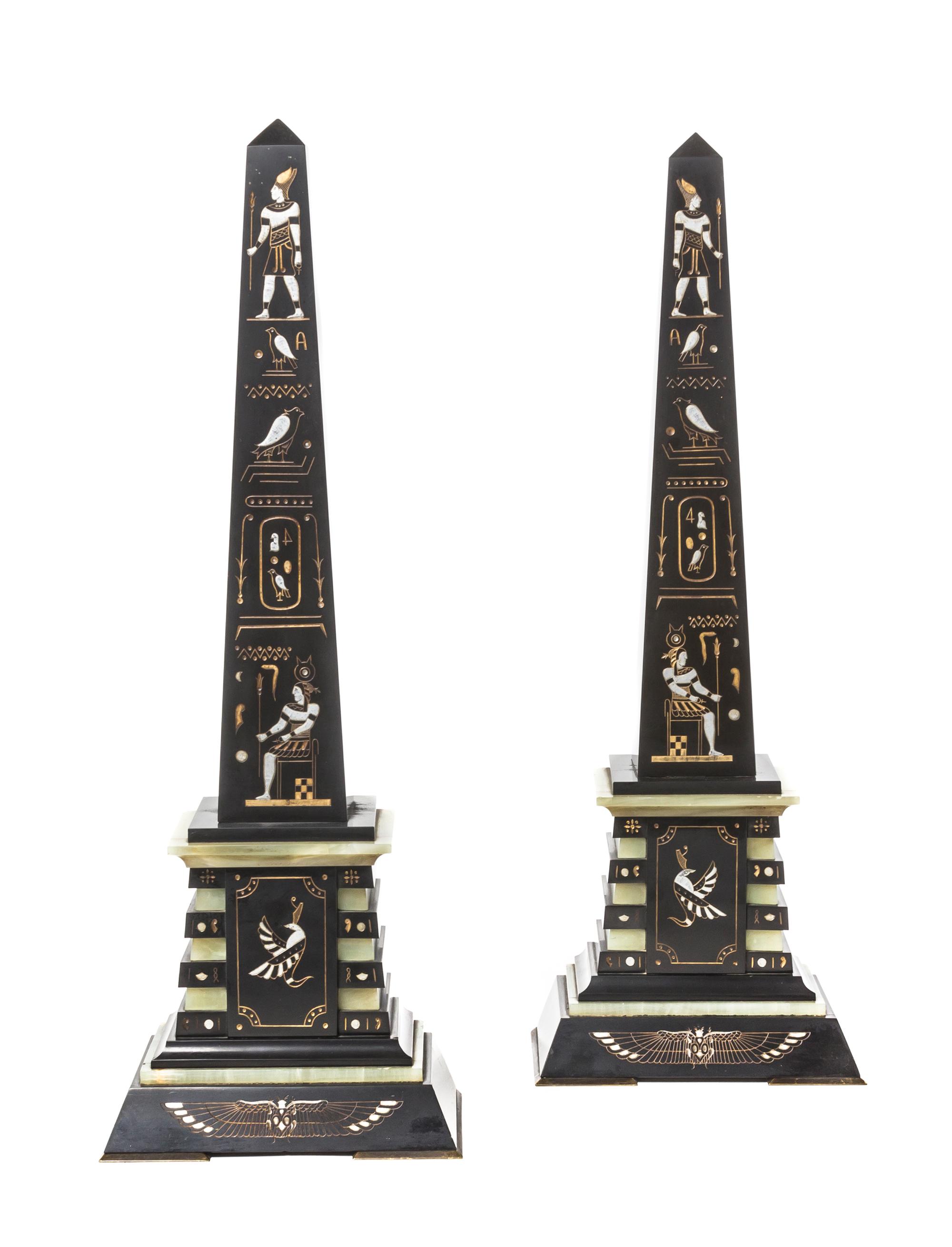 A Pair of Egyptian Revival Slate and Onyx Obelisks, Height 21 1/4 inches.