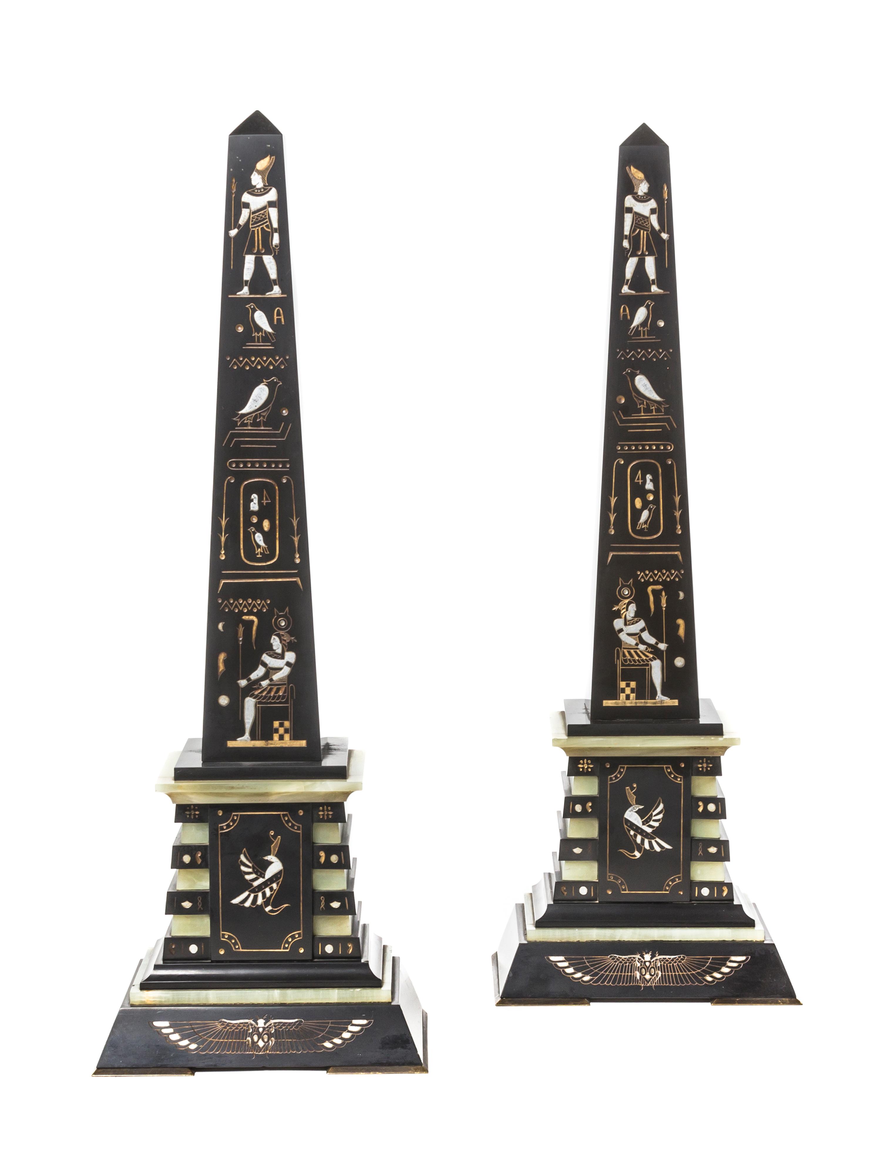 A Pair of Egyptian Revival Slate and Onyx Obelisks, Height 21 1/4 inches.