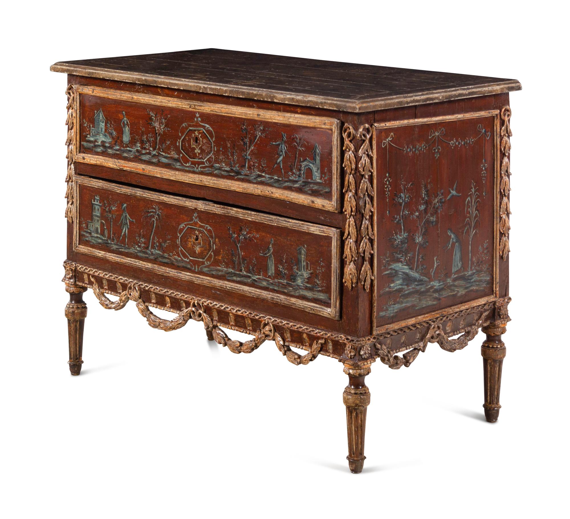 A Piedmontese Painted and Parcel Gilt Commode
