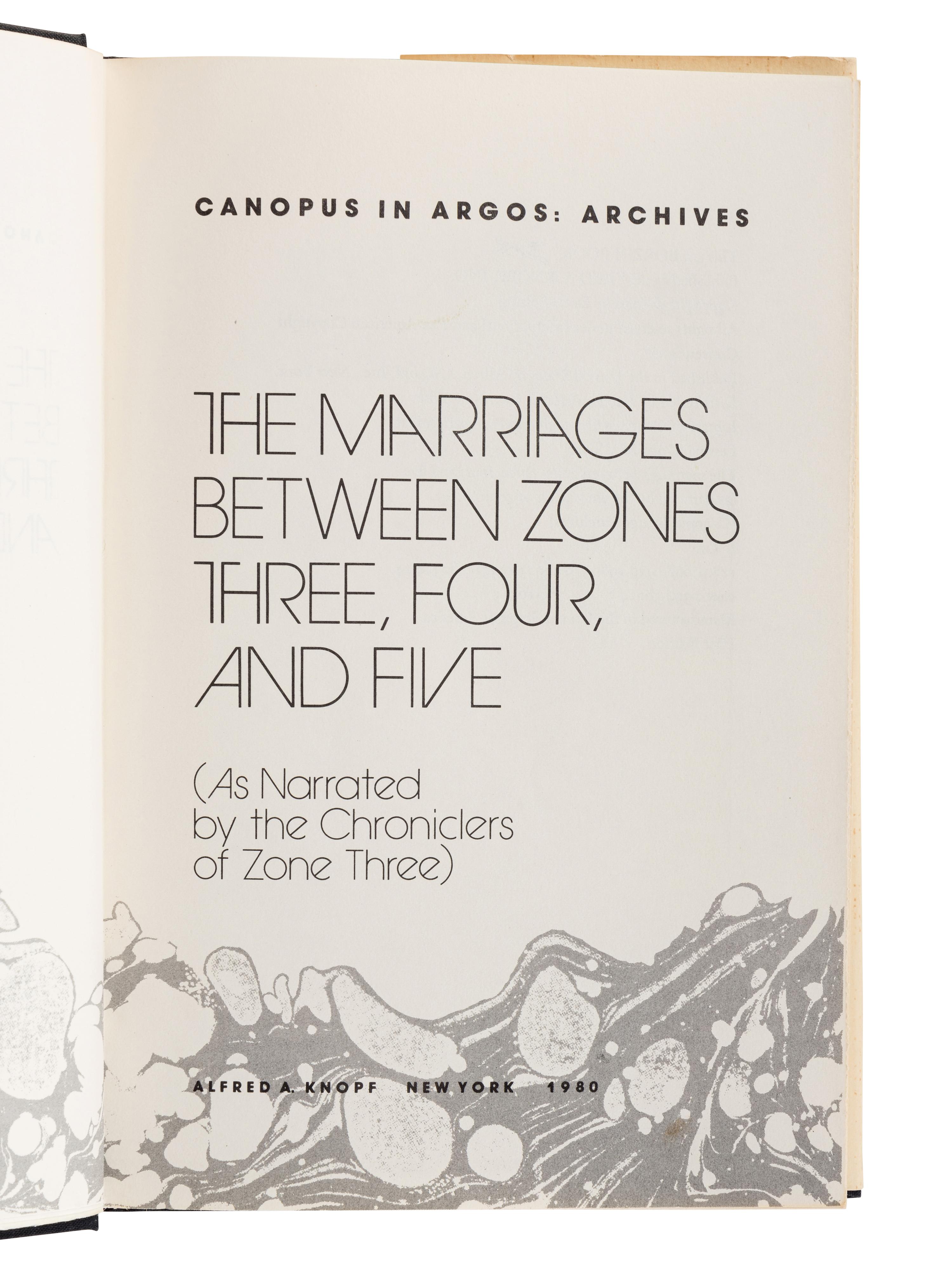 LESSING, Doris (1919-2013). [Canopus in Argos:] Re: Colonised Planet 5, Shikasta. 1979. -- The Marriages Between Zones Three, Four, and Five. 1980. -- The Sirian Experiments. 1980. -- The Making of the Representative for Planet 8. 1982. -- Documents Relating to t he Sentimental Agents in the Volyen Empire. 1983. All New York: Alfred A. Knopf.