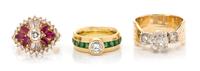 A Collection of Yellow Gold, Diamond, Tsavorite Garnet and Ruby Rings, 17.00 dwts.