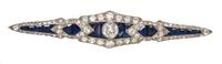 An Art Deco Platinum, Diamond and Sapphire Bar Brooch, 5.90 dwts.