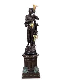 A Patinated Bronze Figural Lamp with Iridescent Glass Shades after Hippolyte François Moreau (French, 1832-1927)