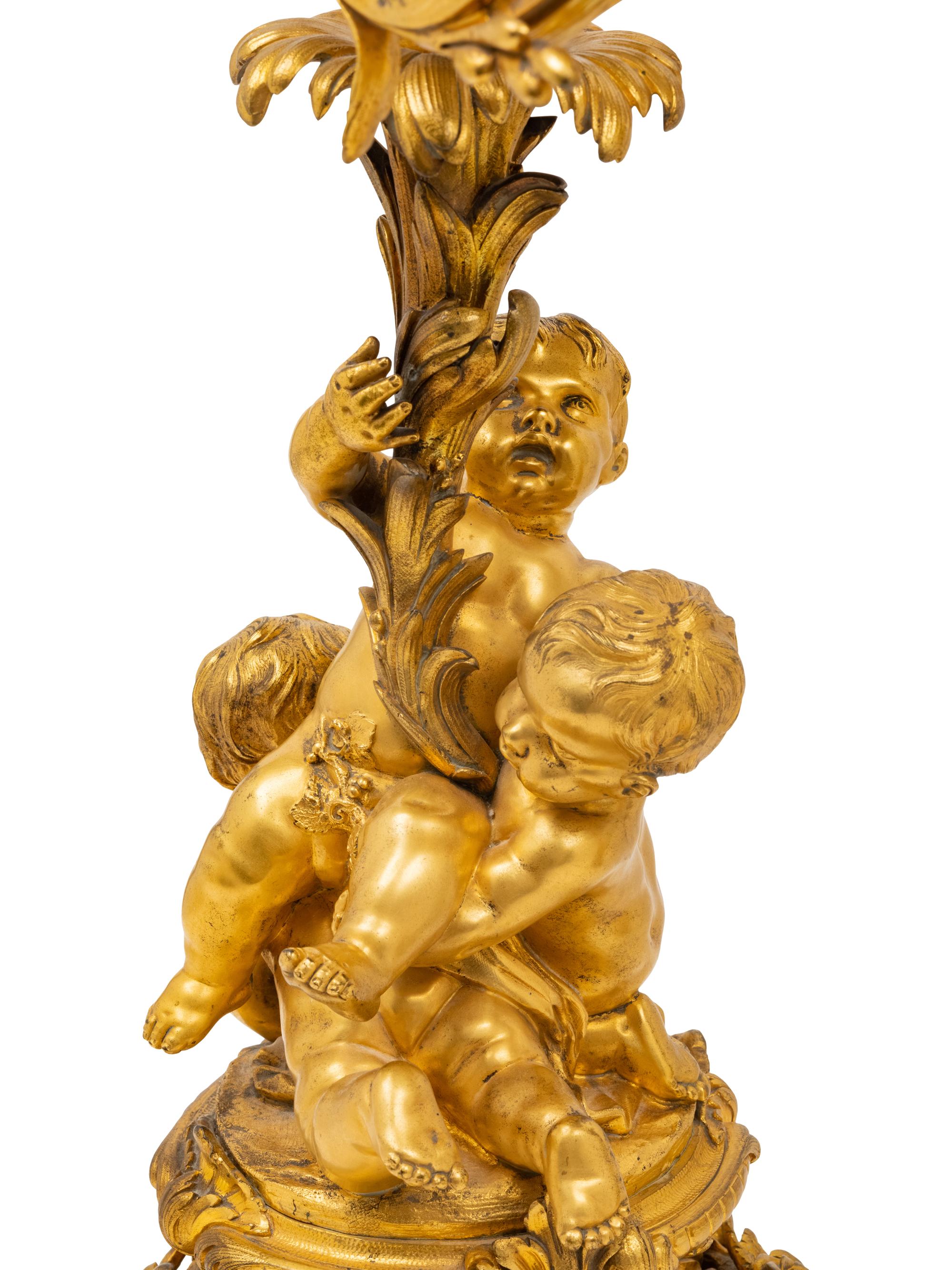 A Pair of Louis XV Style Gilt Bronze Figural Ten-Light Candelabra