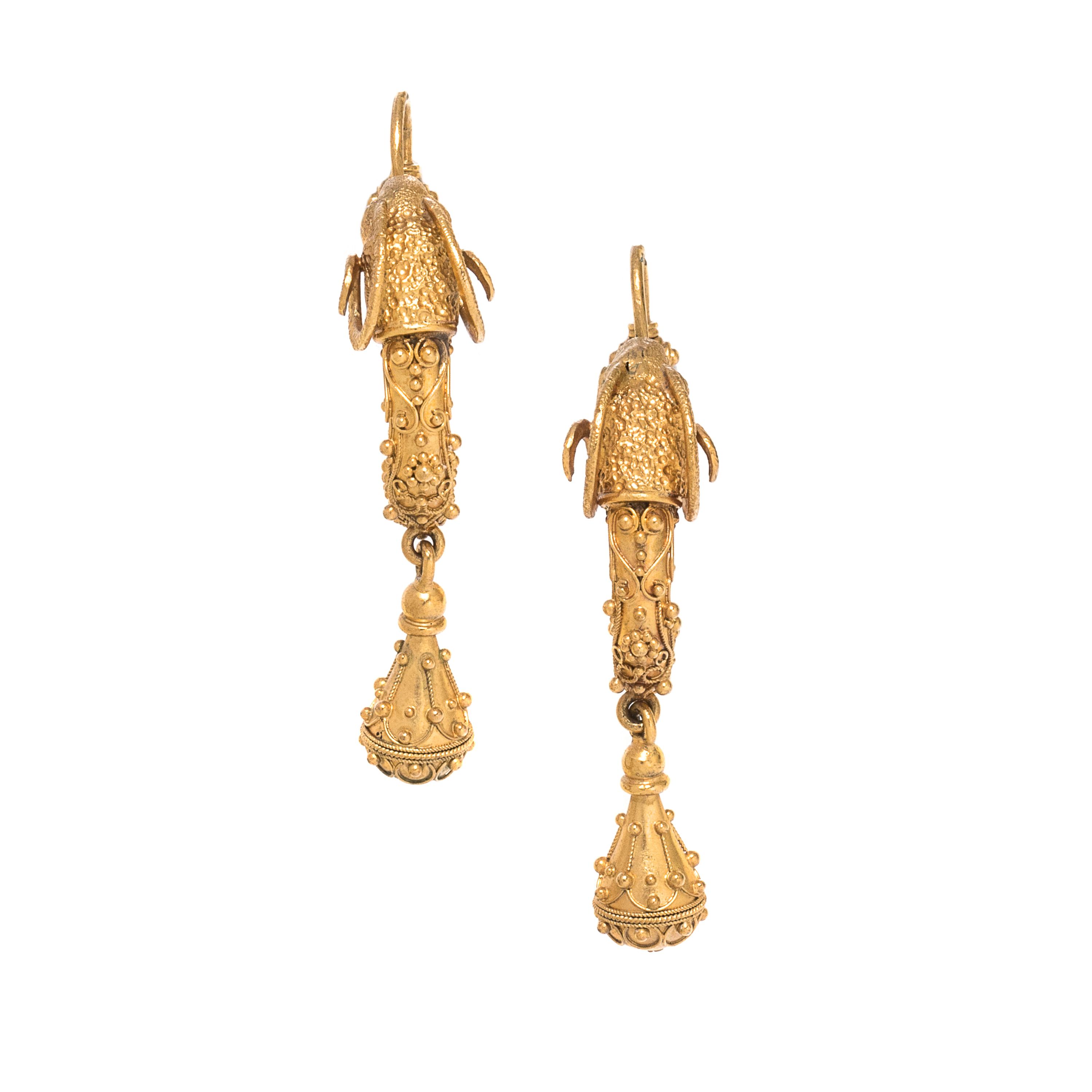 ARCHAEOLOGICAL REVIVAL, YELLOW GOLD EARRINGS