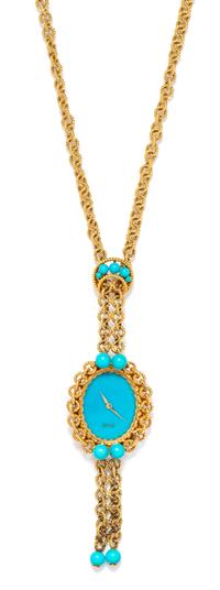 An 18 Karat Yellow Gold and Turquoise Ref. 6865 Pendant/Necklace Watch, Piaget, 63.30 dwts.