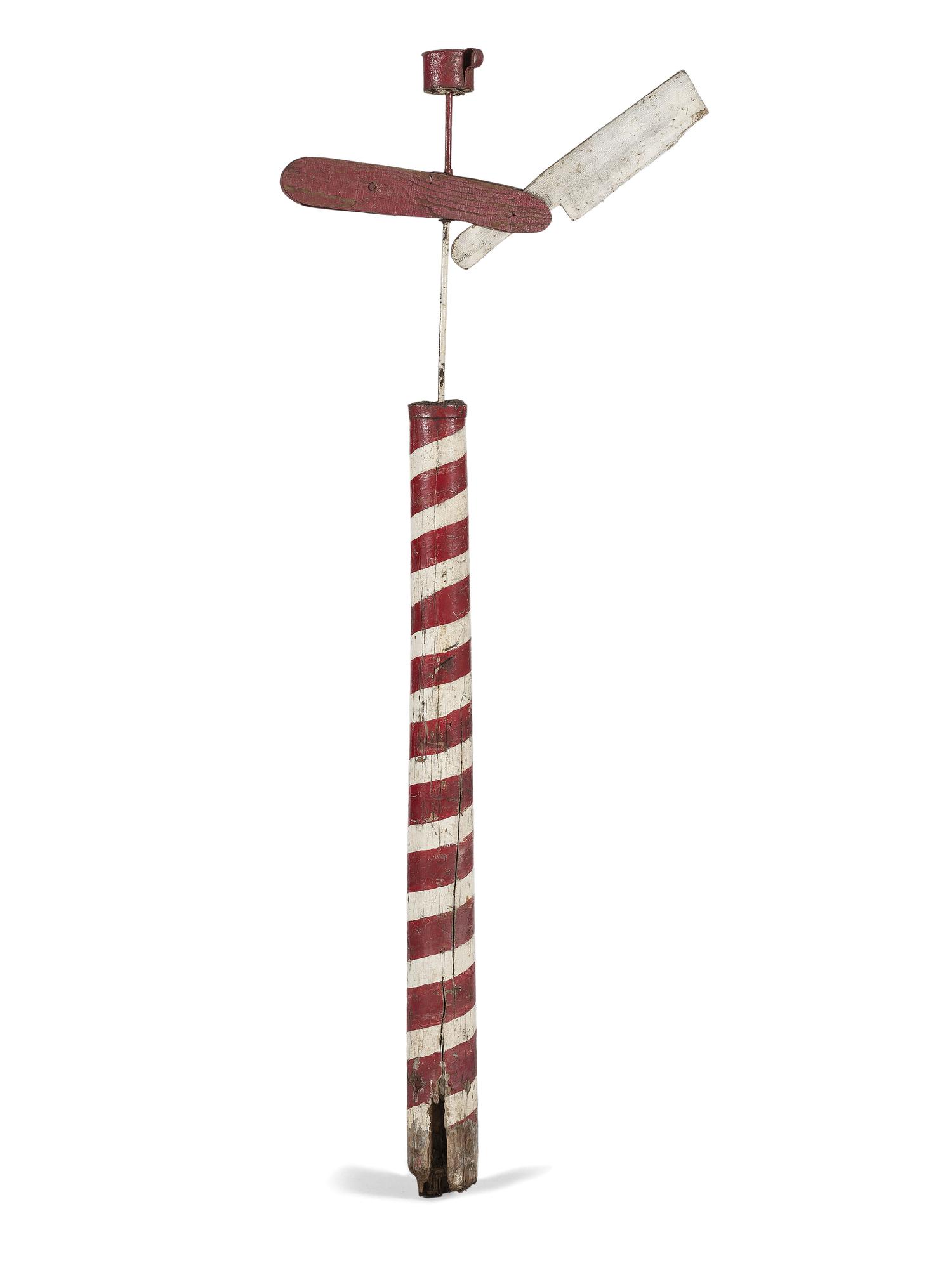 A Paint Decorated Wood Barber Pole with Straight Razor