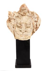 A Chinese Painted Pottery Head of a Guardian Height 5 1/2 inches. — LIKELY TANG DYNASTY