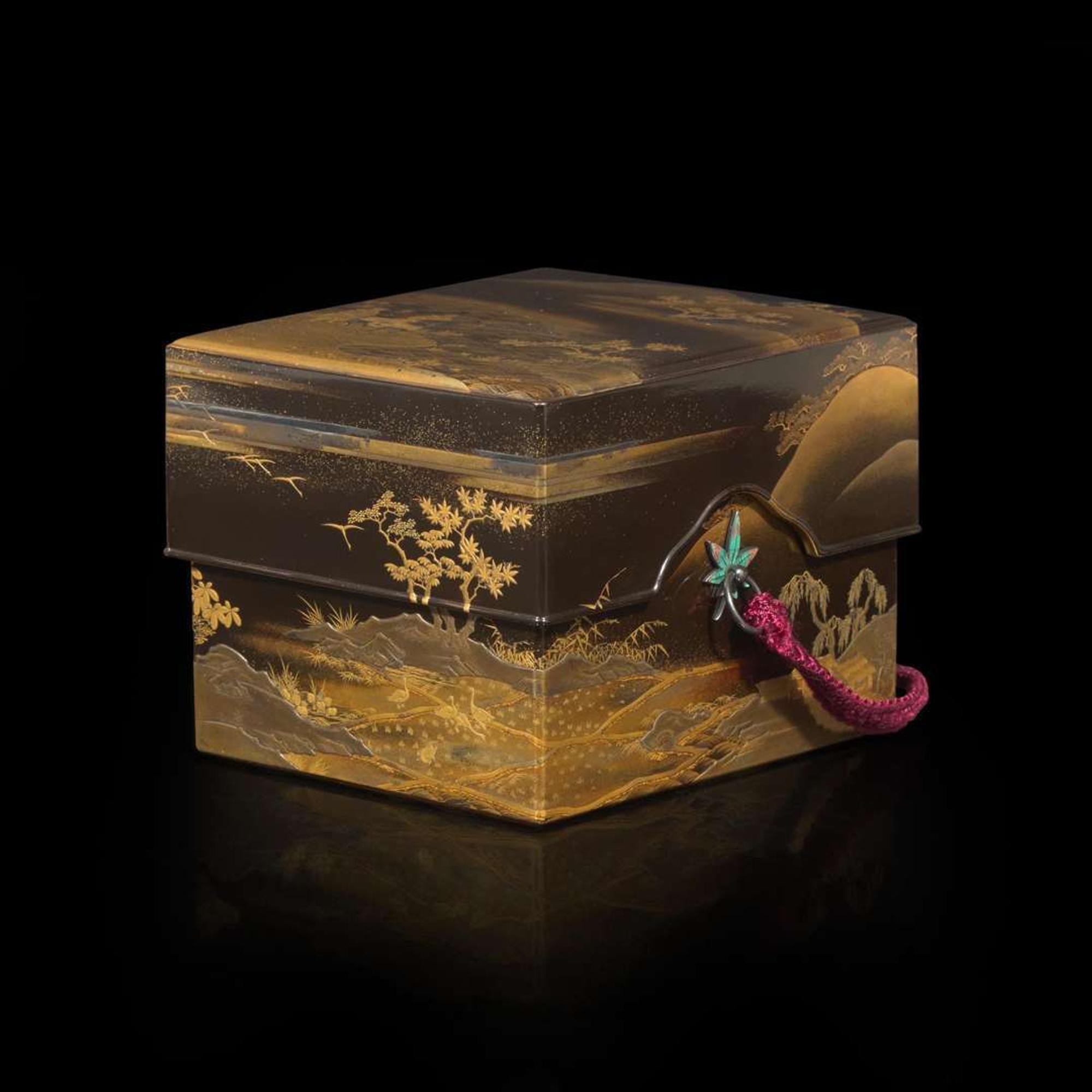 A Japanese lacquer fitted incense game box decorated with rider and attendant on a shore 日本时绘漆盒一件 Meiji period ??
