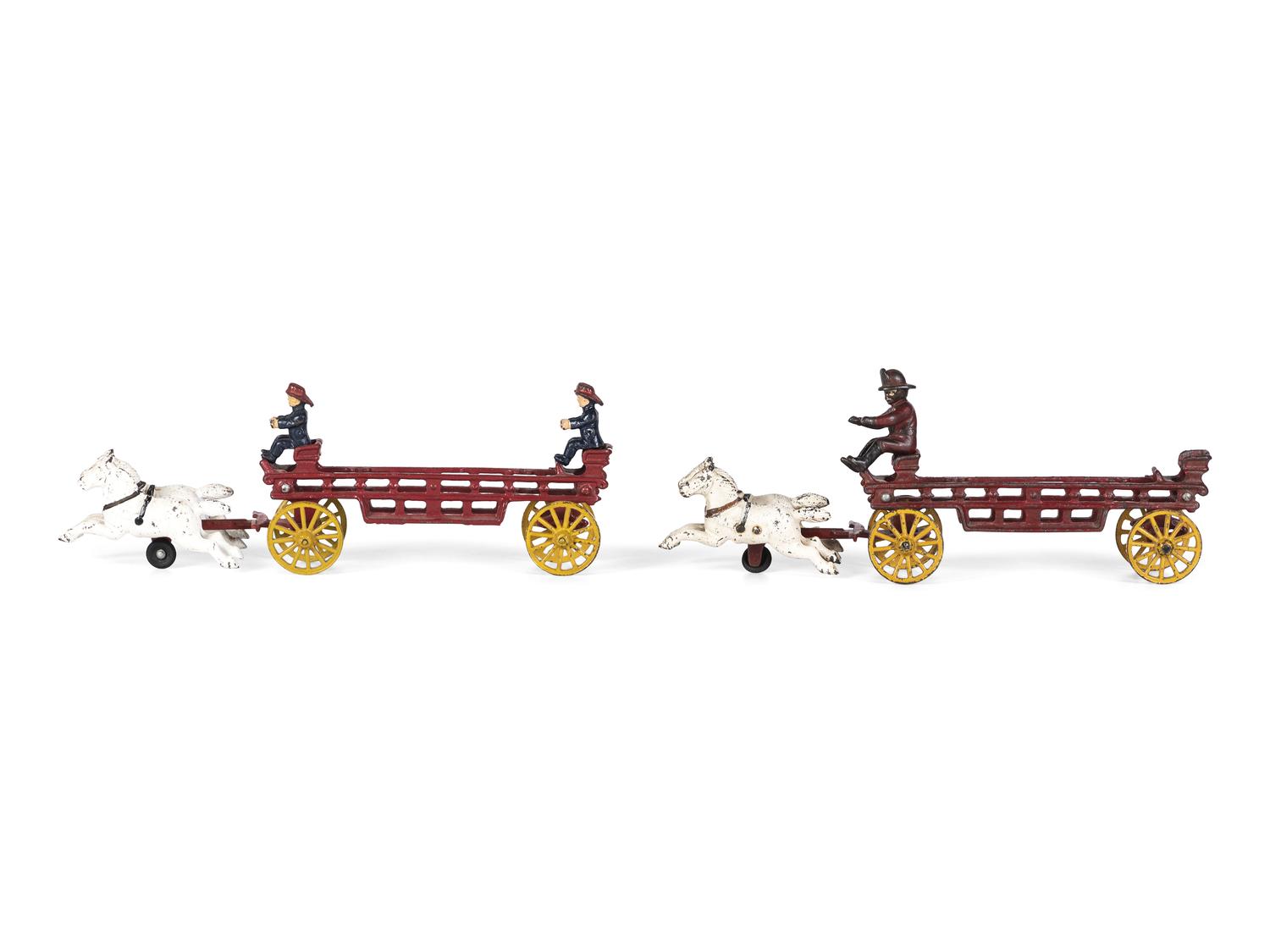Three Painted Cast Iron Toy Horse Drawn Fire Wagons