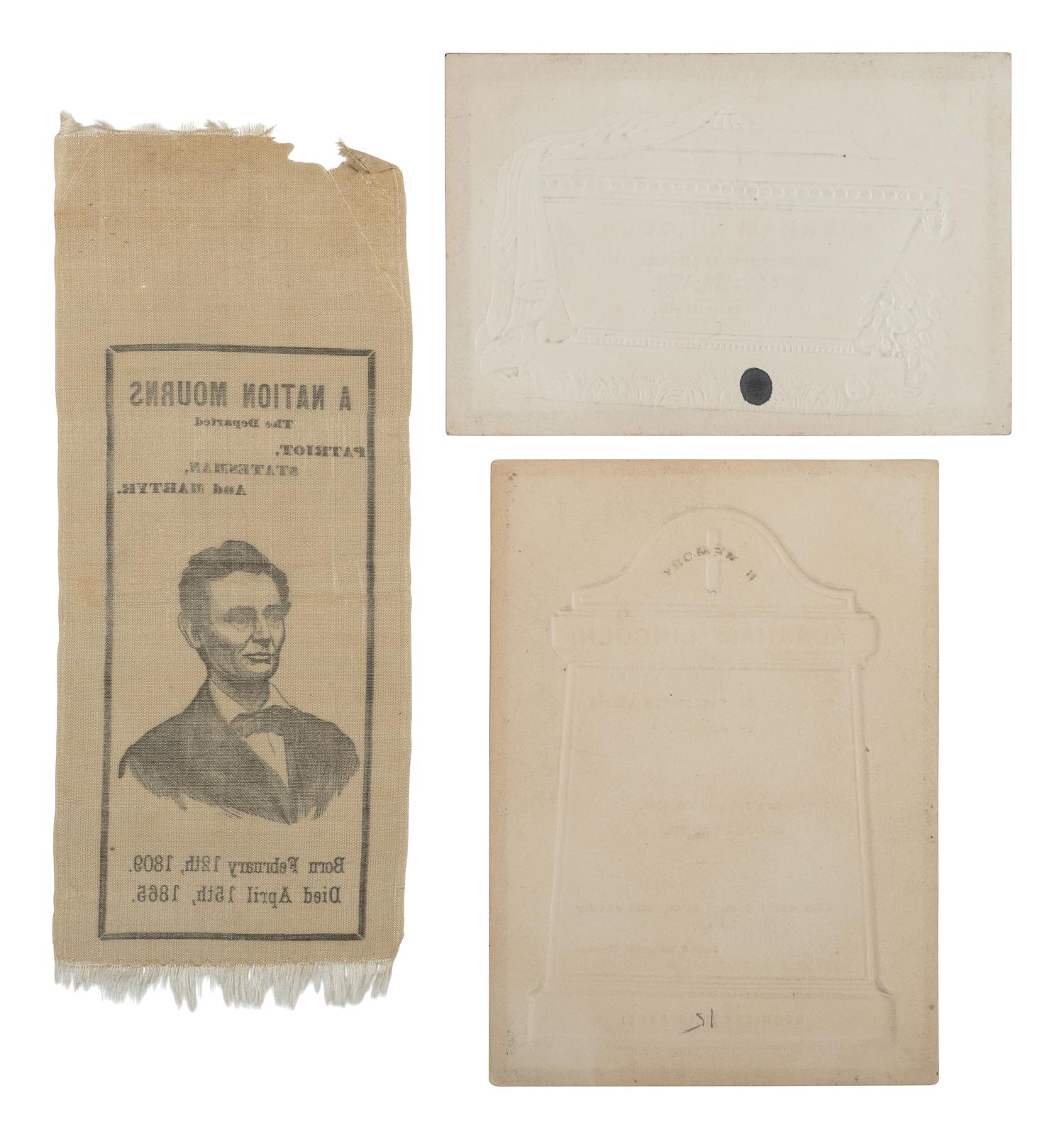 [LINCOLN FUNERAL]. A group of 3 items mourning the loss of Lincoln, incl. silk ribbon and printed cards.