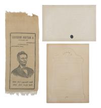[LINCOLN FUNERAL]. A group of 3 items mourning the loss of Lincoln, incl. silk ribbon and printed cards.