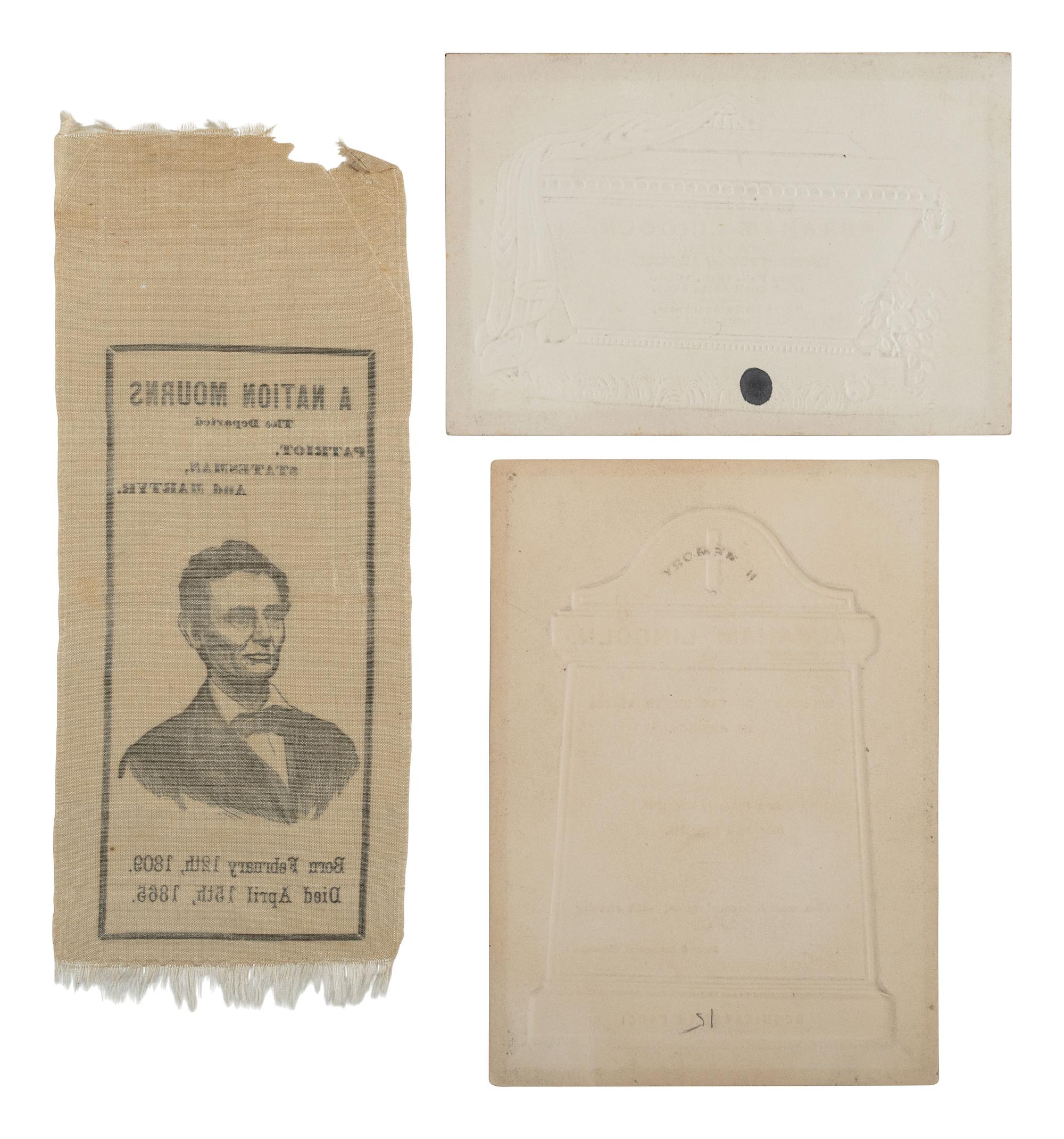 [LINCOLN FUNERAL]. A group of 3 items mourning the loss of Lincoln, incl. silk ribbon and printed cards.