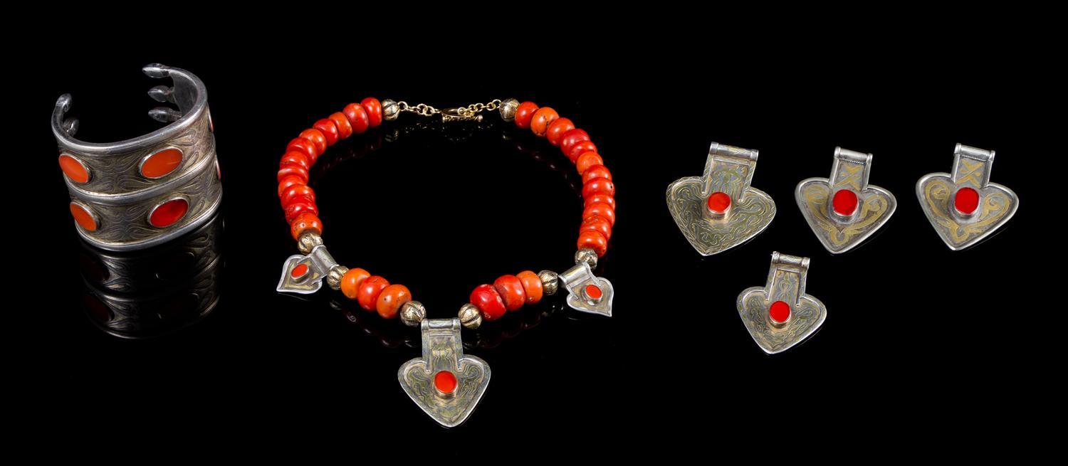 A Group of Six Silver and Coral Jewelry Articles 205.80 dwts.