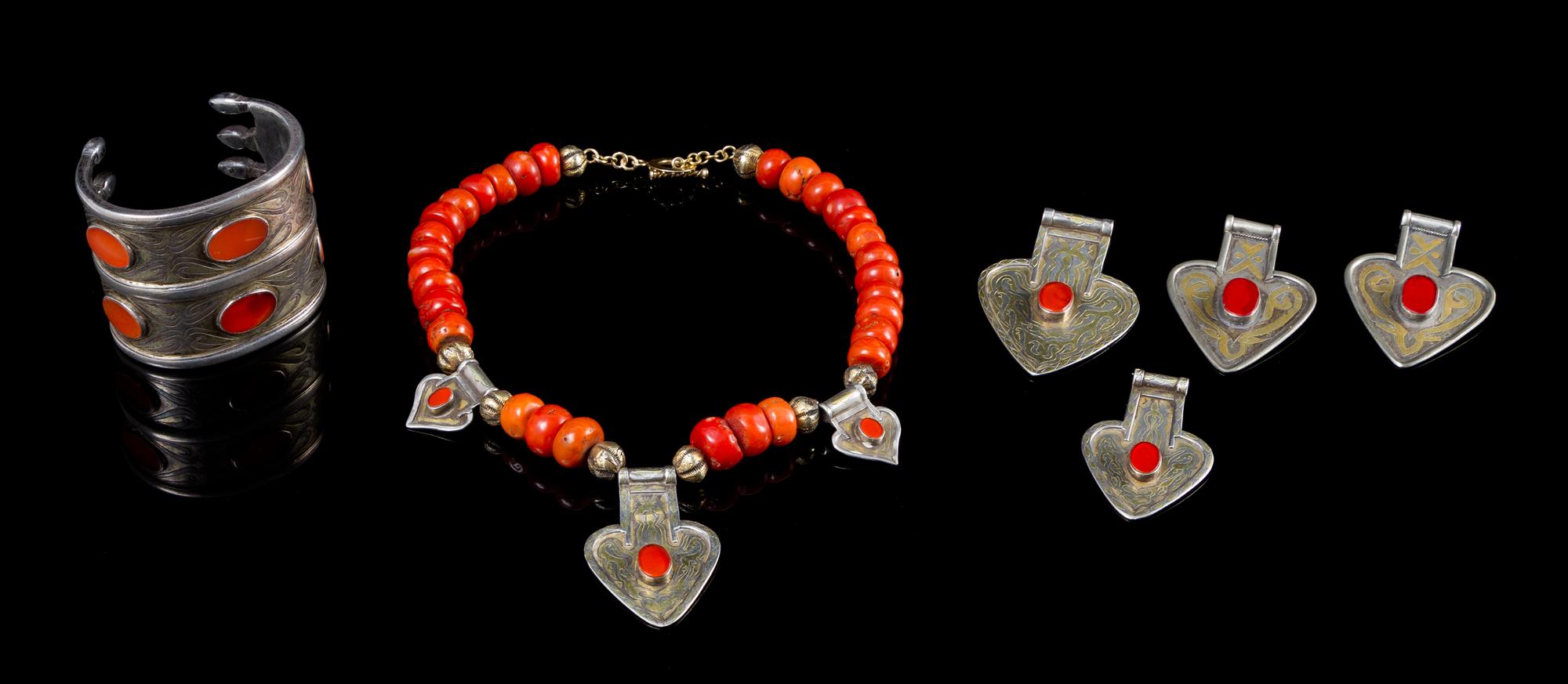 A Group of Six Silver and Coral Jewelry Articles 205.80 dwts.