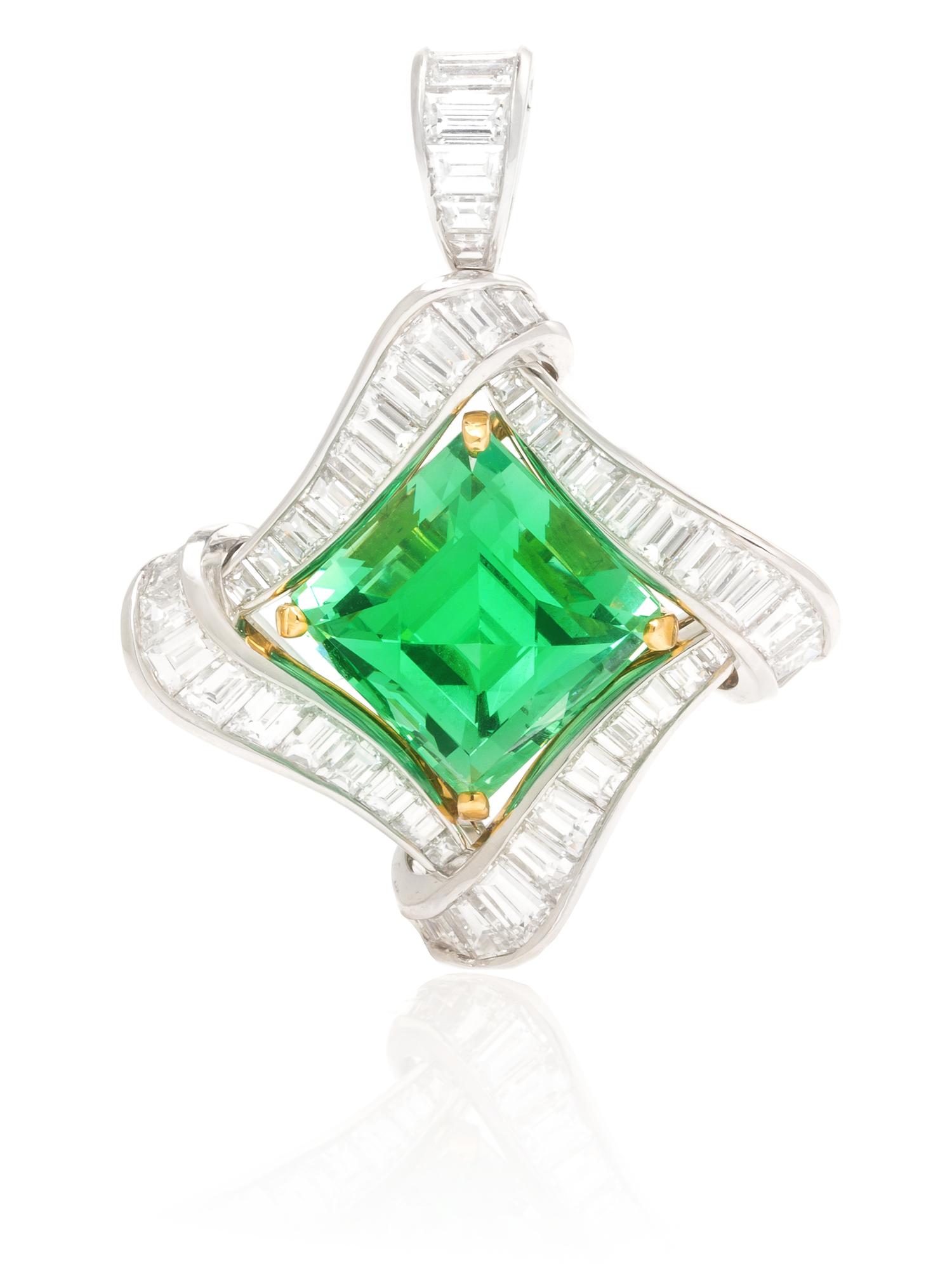 A Platinum, Yellow Gold, Mint Grossular Garnet, and Diamond Pendant, Van Cleef & Arpels, 8.40 dwts.