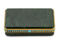 A Tiffany & Co. Carved Nephrite, Yellow-Gold and Turquoise Mounted Snuff Box