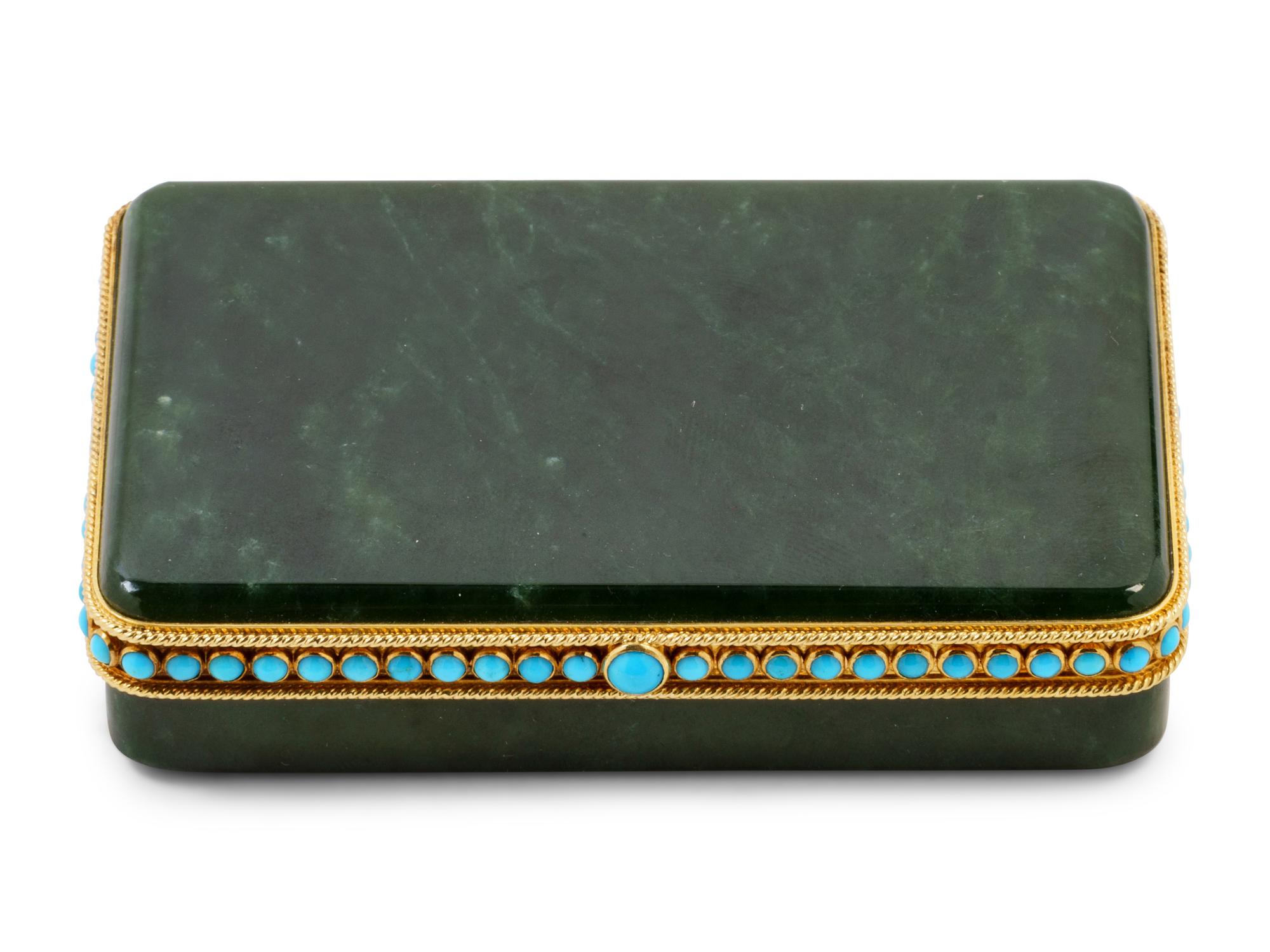 A Tiffany & Co. Carved Nephrite, Yellow-Gold and Turquoise Mounted Snuff Box