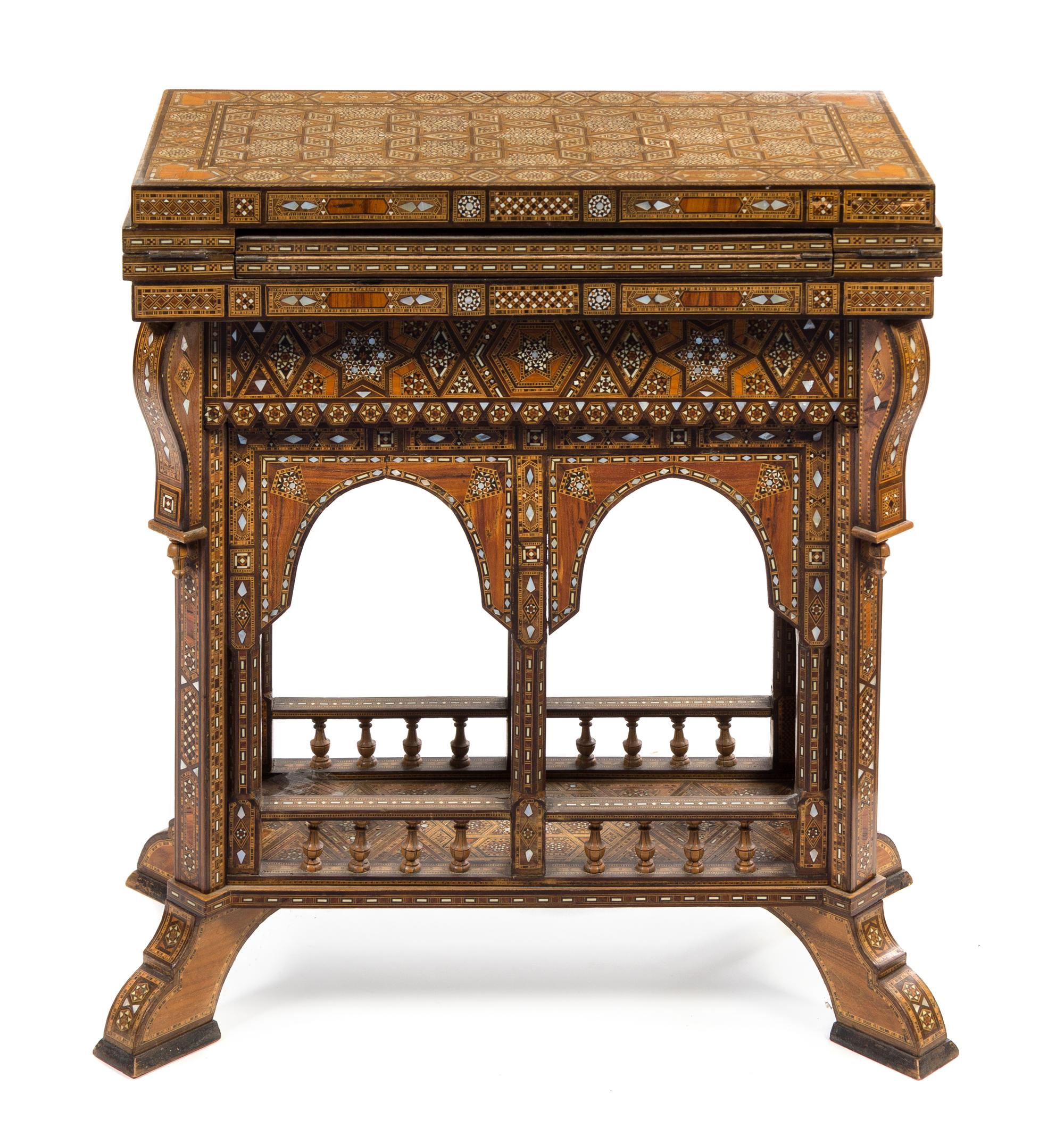 A Syrian Mother-of-Pearl Inlaid Flip-Top Table Height 29 1/2 x width 26 x depth 13 1/4 inches. — LATE 19TH/EARLY 20TH CENTURY