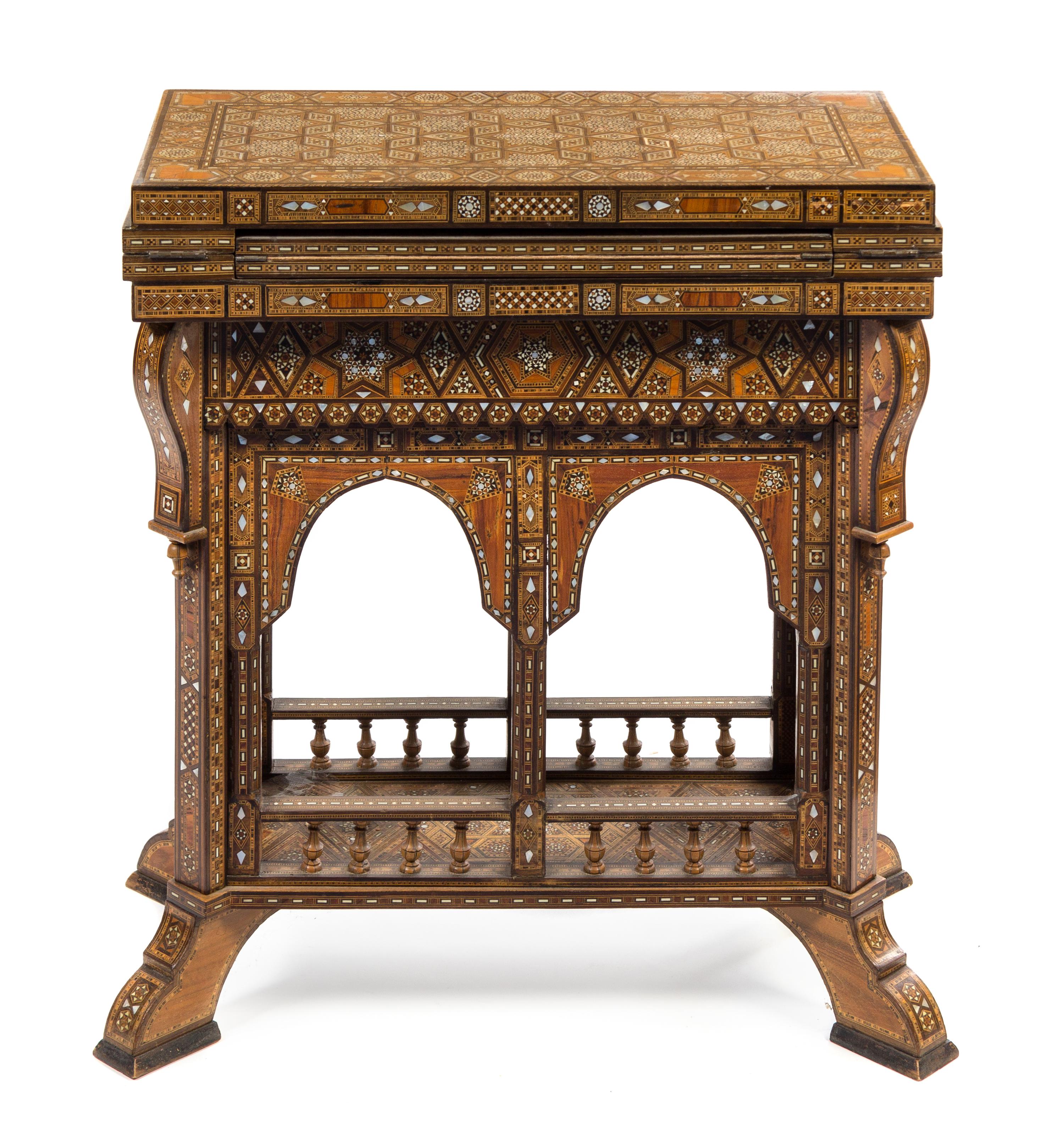 A Syrian Mother-of-Pearl Inlaid Flip-Top Table Height 29 1/2 x width 26 x depth 13 1/4 inches. — LATE 19TH/EARLY 20TH CENTURY