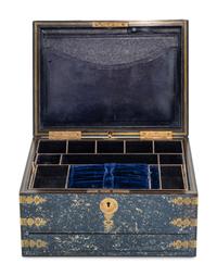 An English Faux Lapis Lazuli Brass Mounted Jewelry Casket