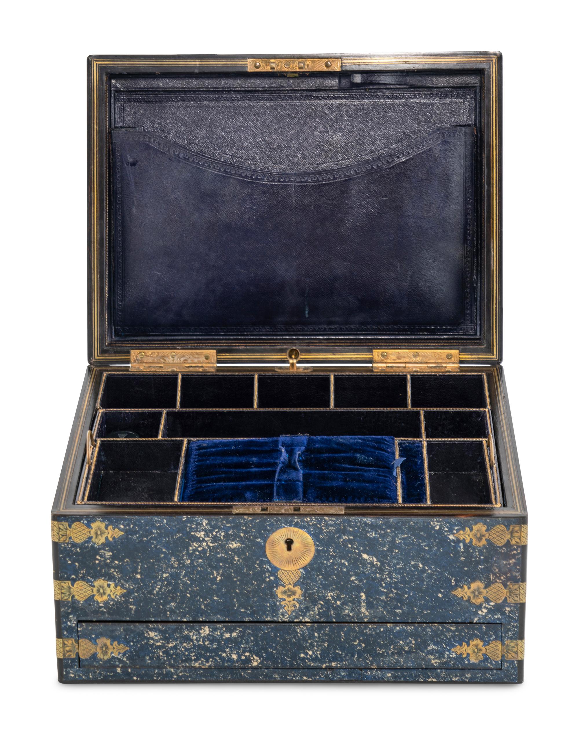 An English Faux Lapis Lazuli Brass Mounted Jewelry Casket