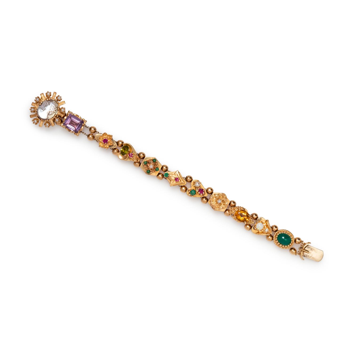 YELLOW GOLD AND GEMSTONE SLIDE CHARM BRACELET