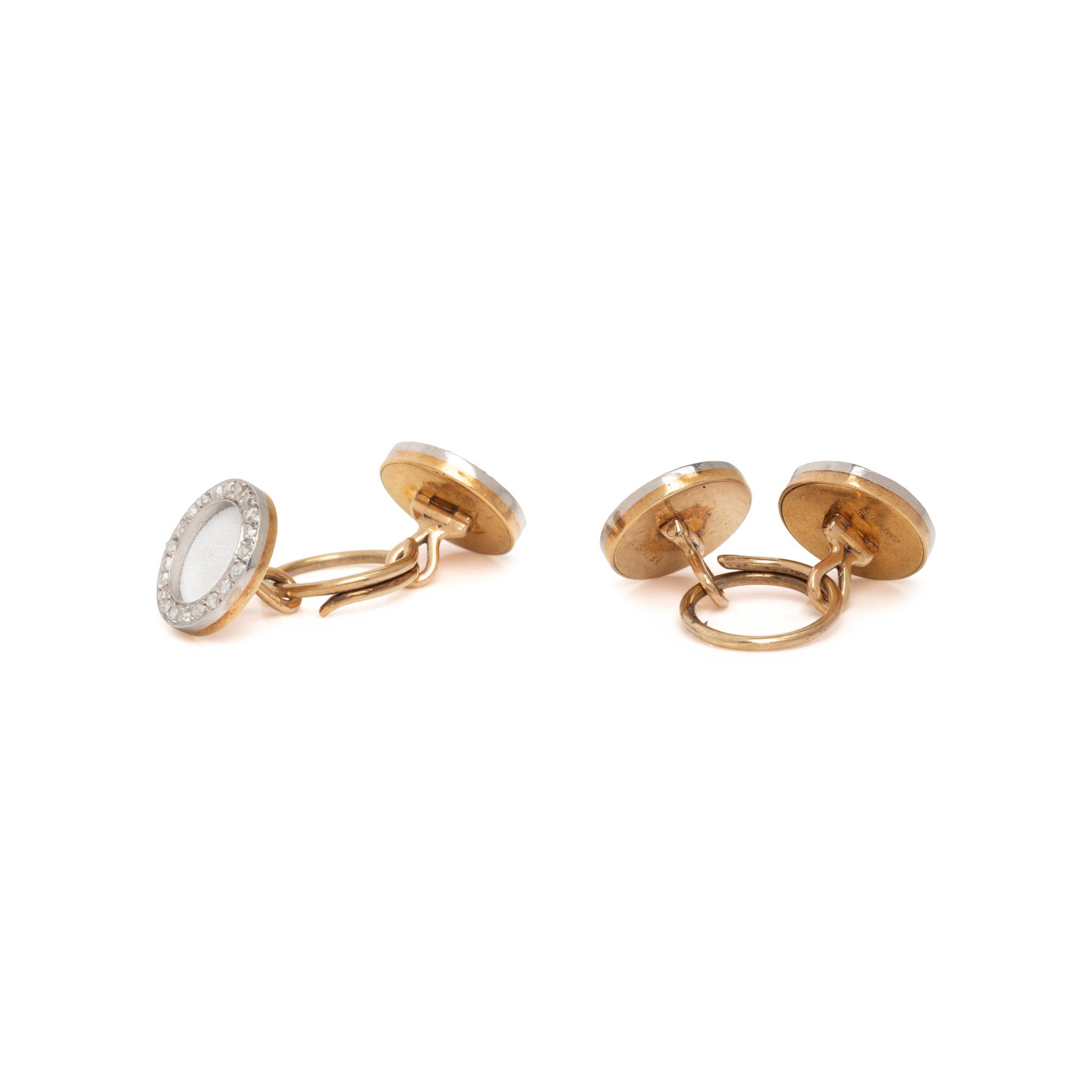 CARTIER, DIAMOND AND LINEN ENAMEL CUFFLINKS