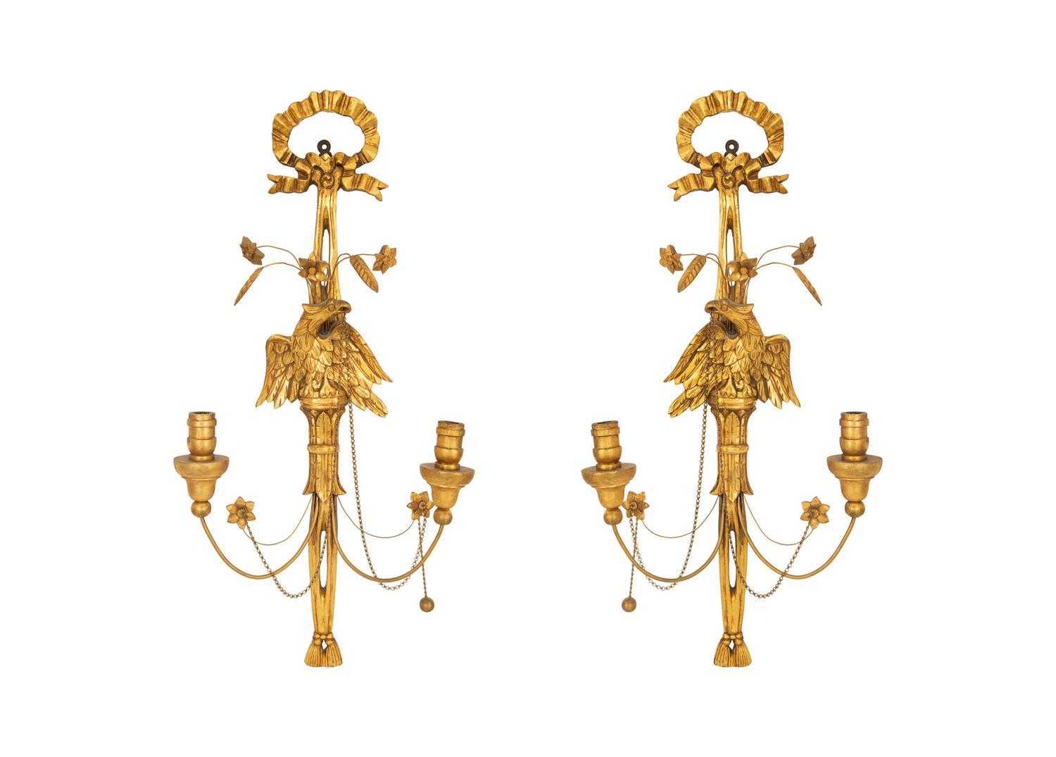 A Pair of Italian Gilt Wood Two Light Eagle Wall Sconces