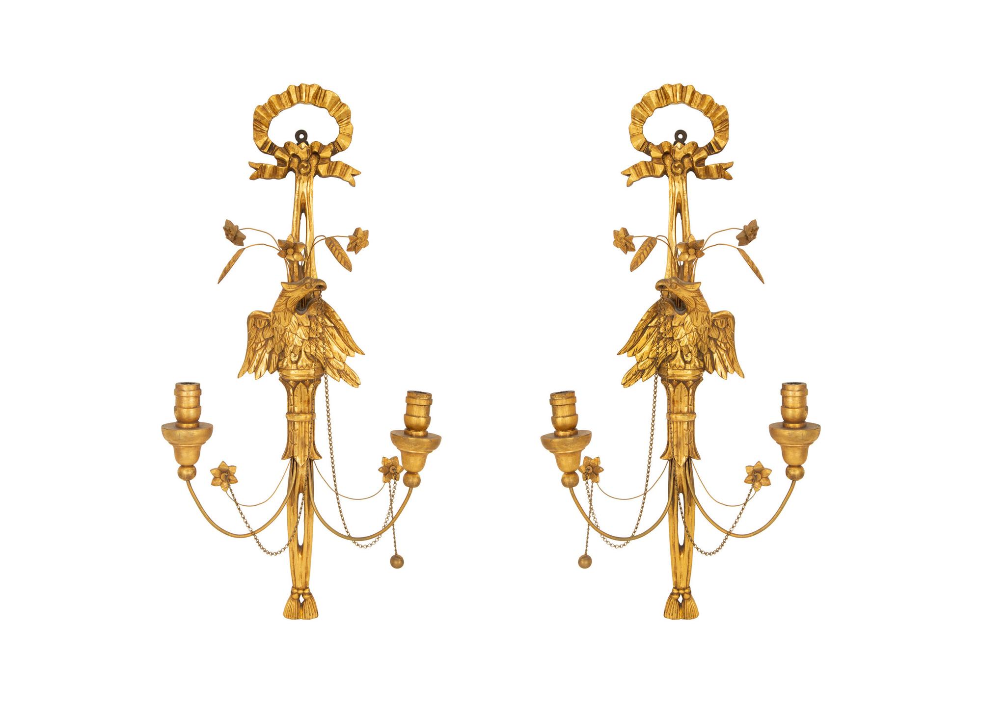 A Pair of Italian Gilt Wood Two Light Eagle Wall Sconces