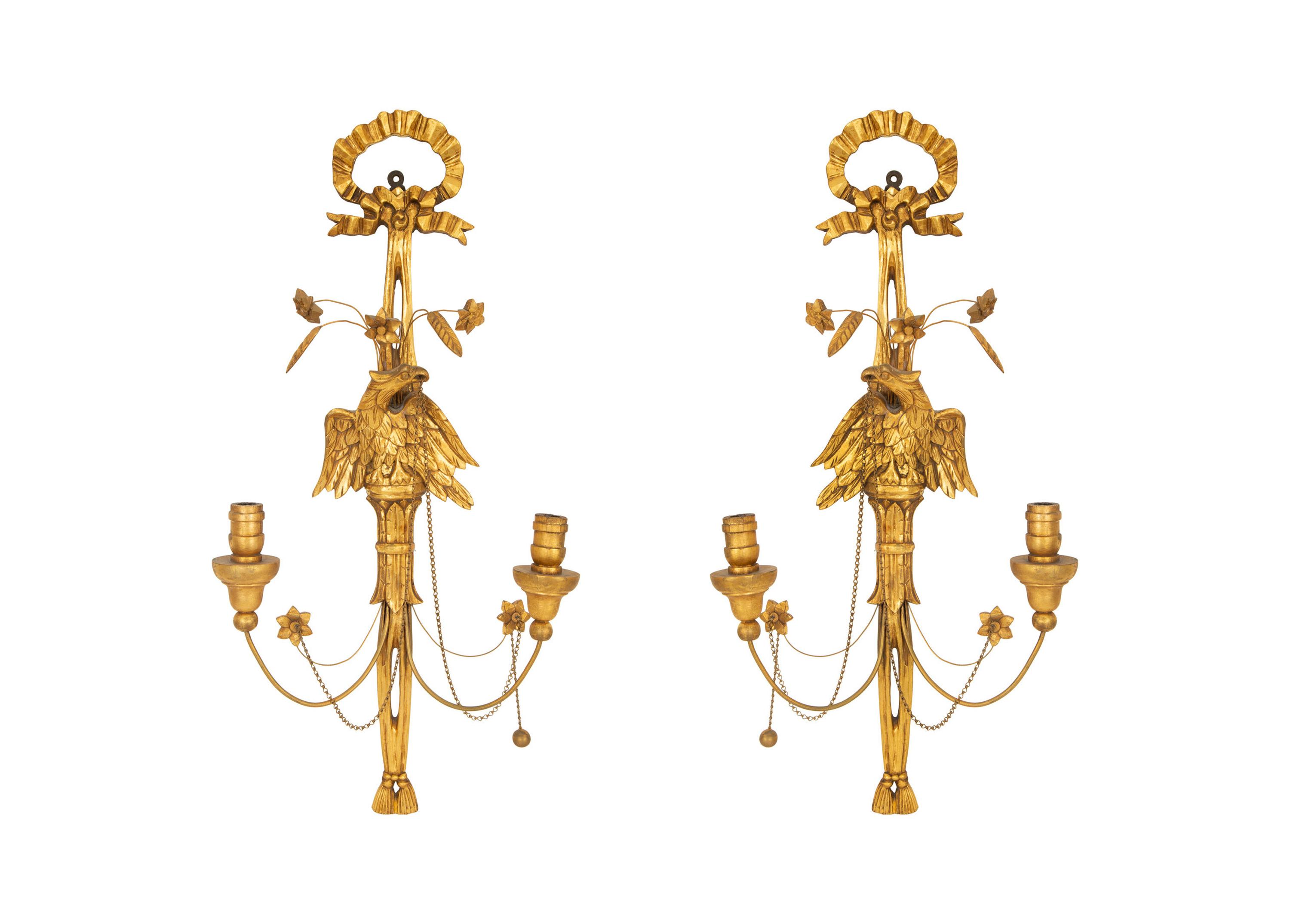 A Pair of Italian Gilt Wood Two Light Eagle Wall Sconces