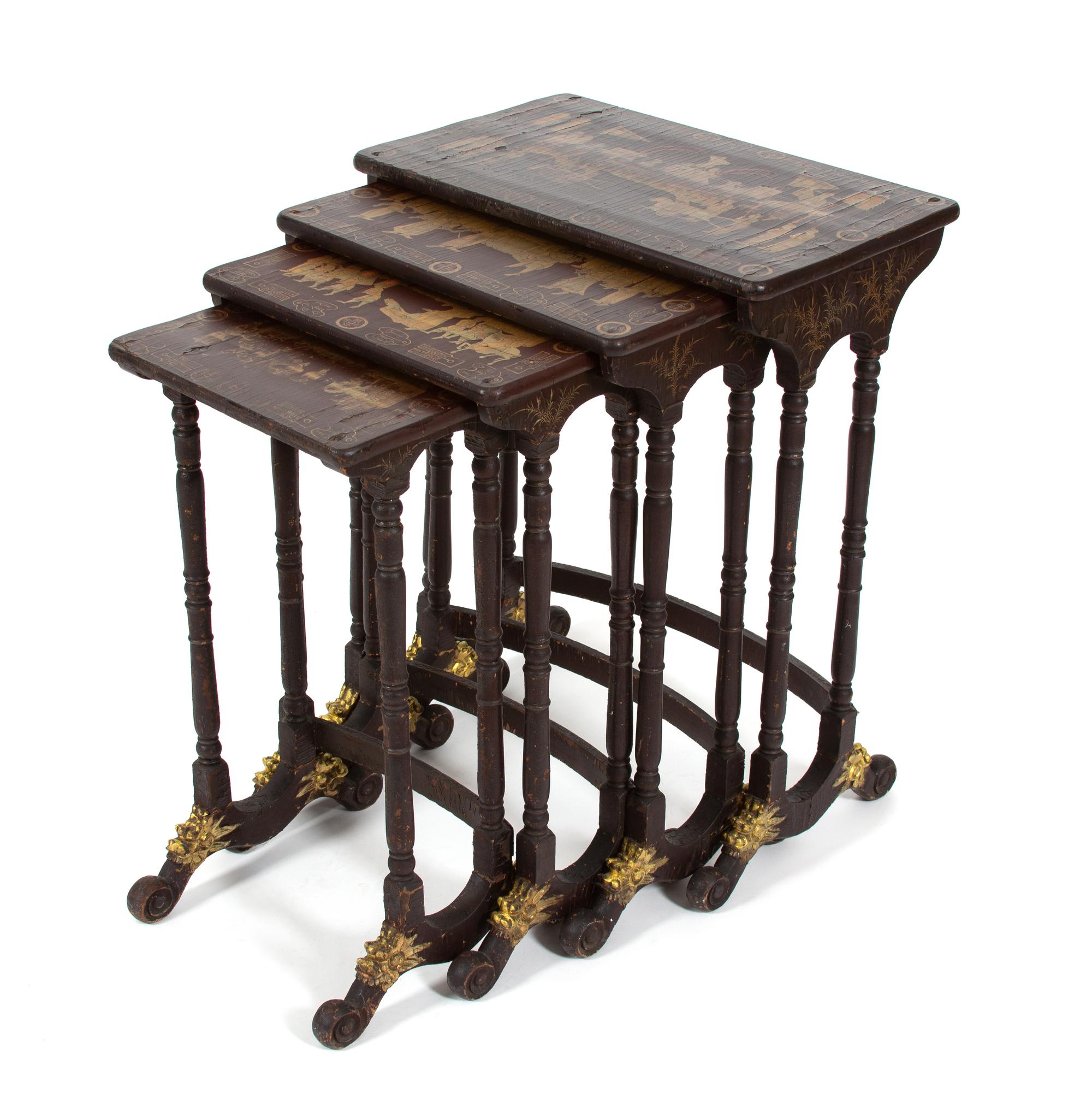 A Chinese Export Brown and Gilt Lacquer Set of Quartetto Tables Height 28 x width 21 3/4 x depth 13 1/4 inches. — 19TH CENTURY