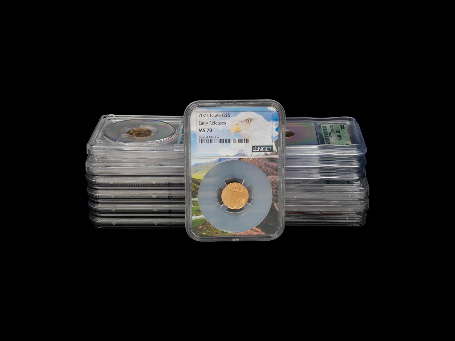 A Group of Thirteen MS70 Graded Gold Eagle $5 1/10 oz. Gold Coins