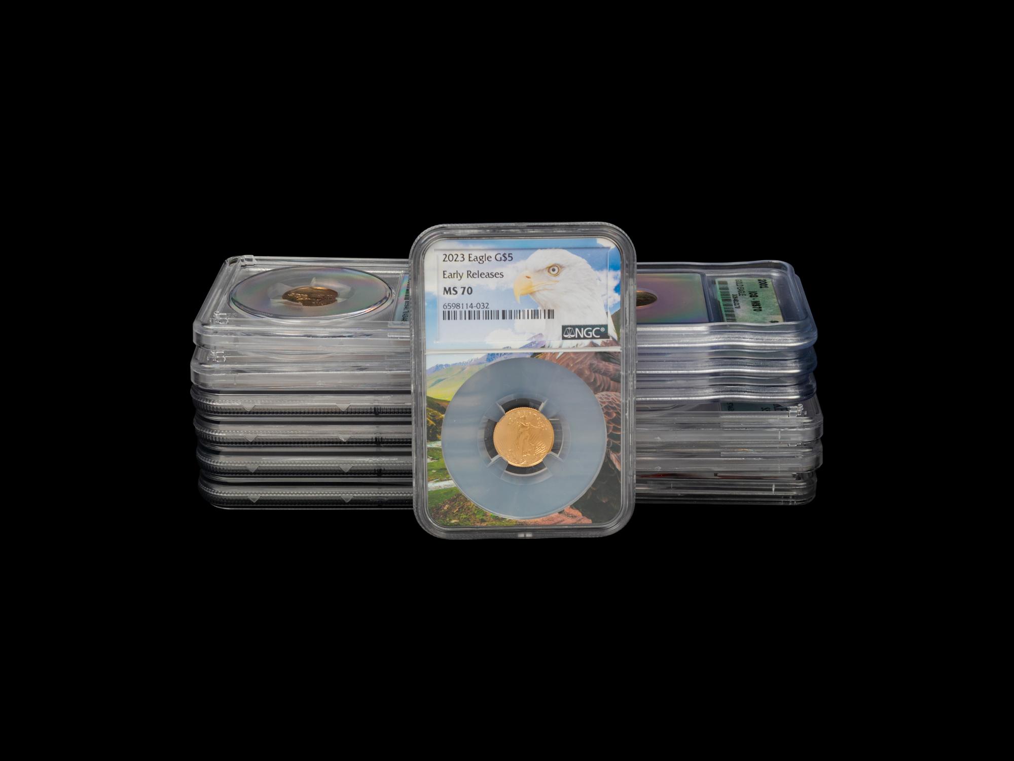 A Group of Thirteen MS70 Graded Gold Eagle $5 1/10 oz. Gold Coins