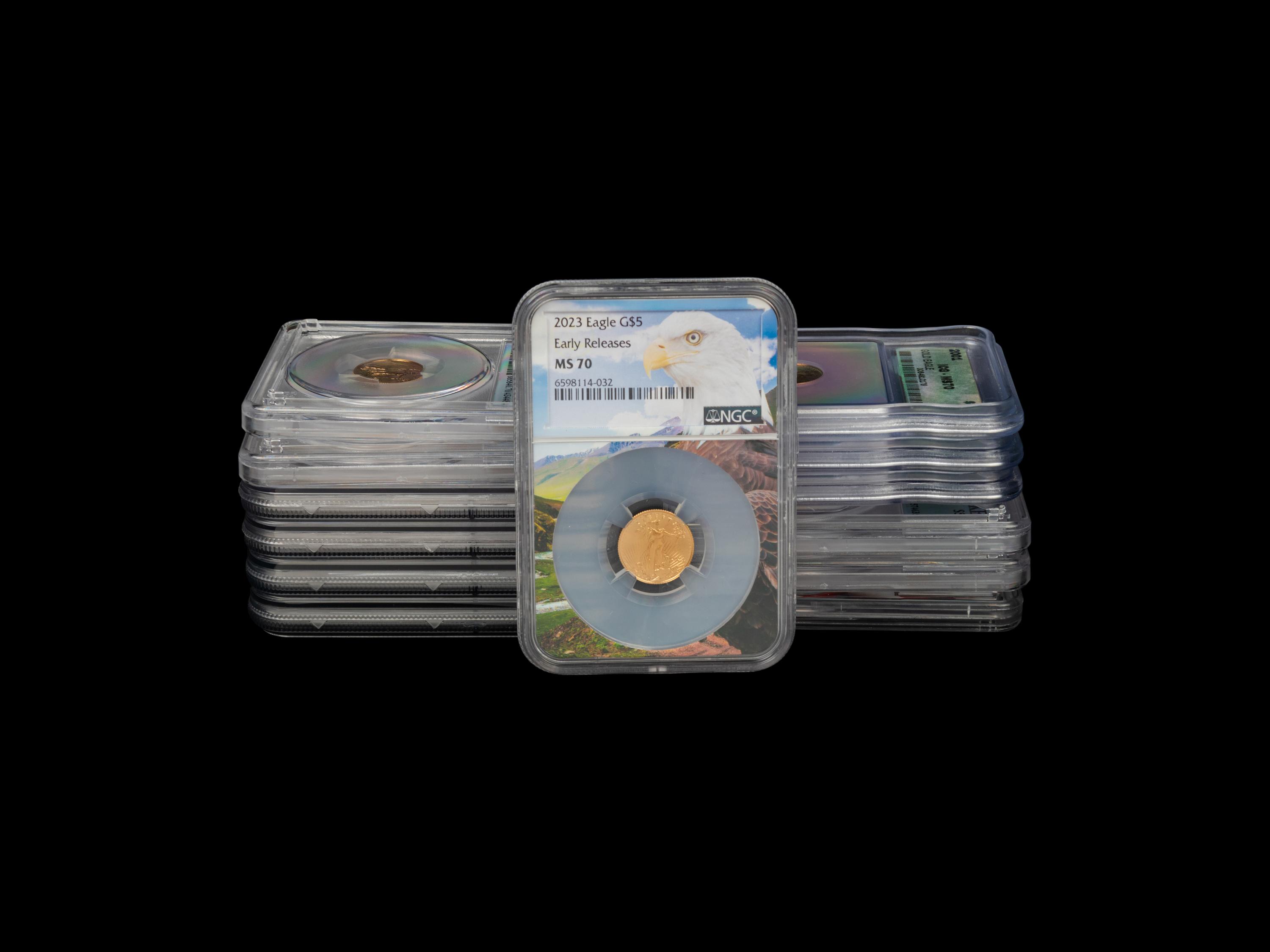 A Group of Thirteen MS70 Graded Gold Eagle $5 1/10 oz. Gold Coins