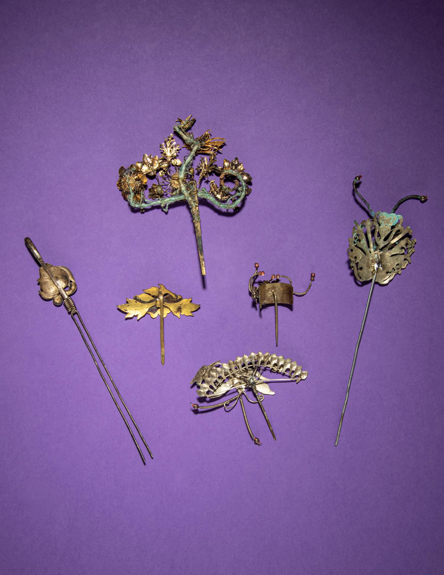 Six Kingfisher Feather and Enamel Embellished Hairpins