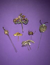 Six Kingfisher Feather and Enamel Embellished Hairpins