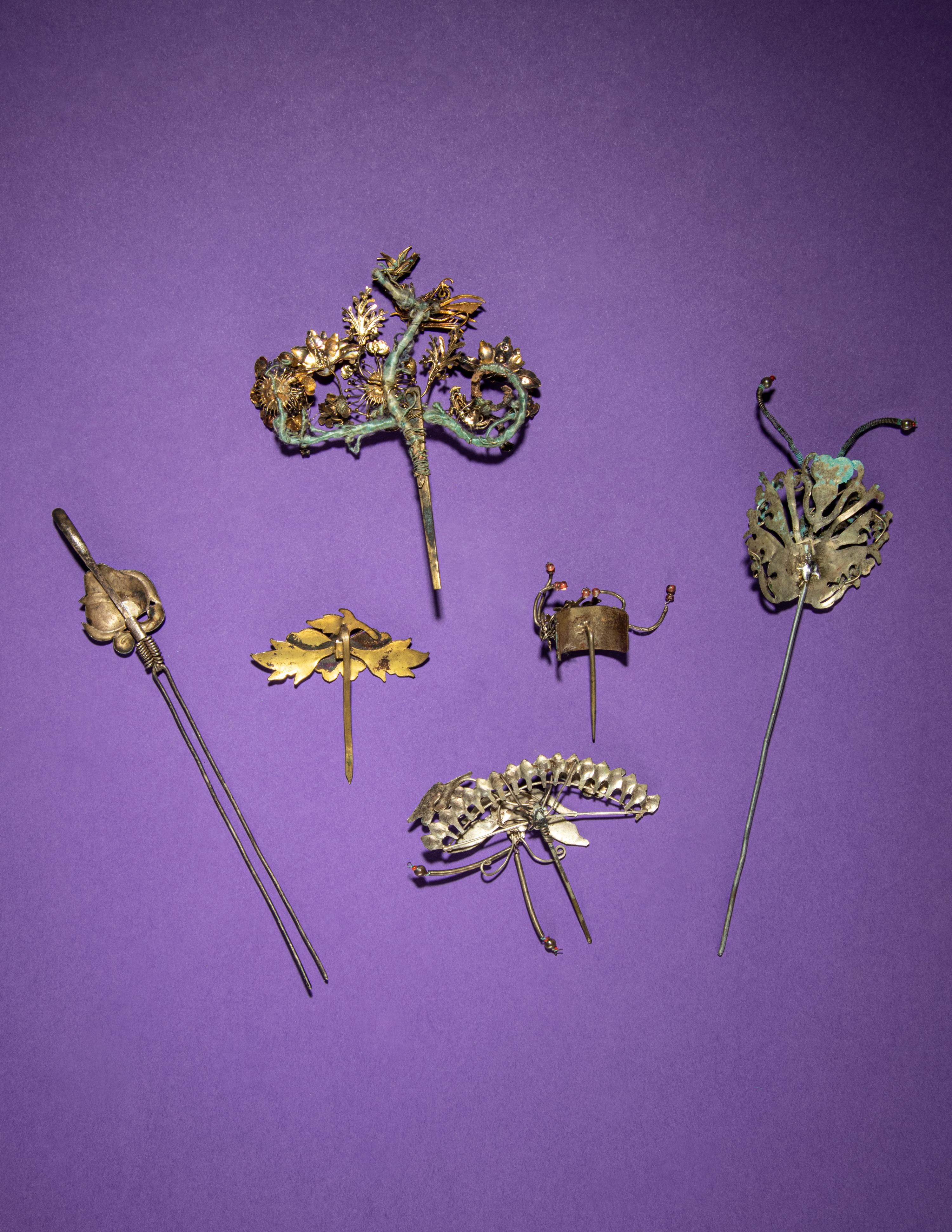 Six Kingfisher Feather and Enamel Embellished Hairpins