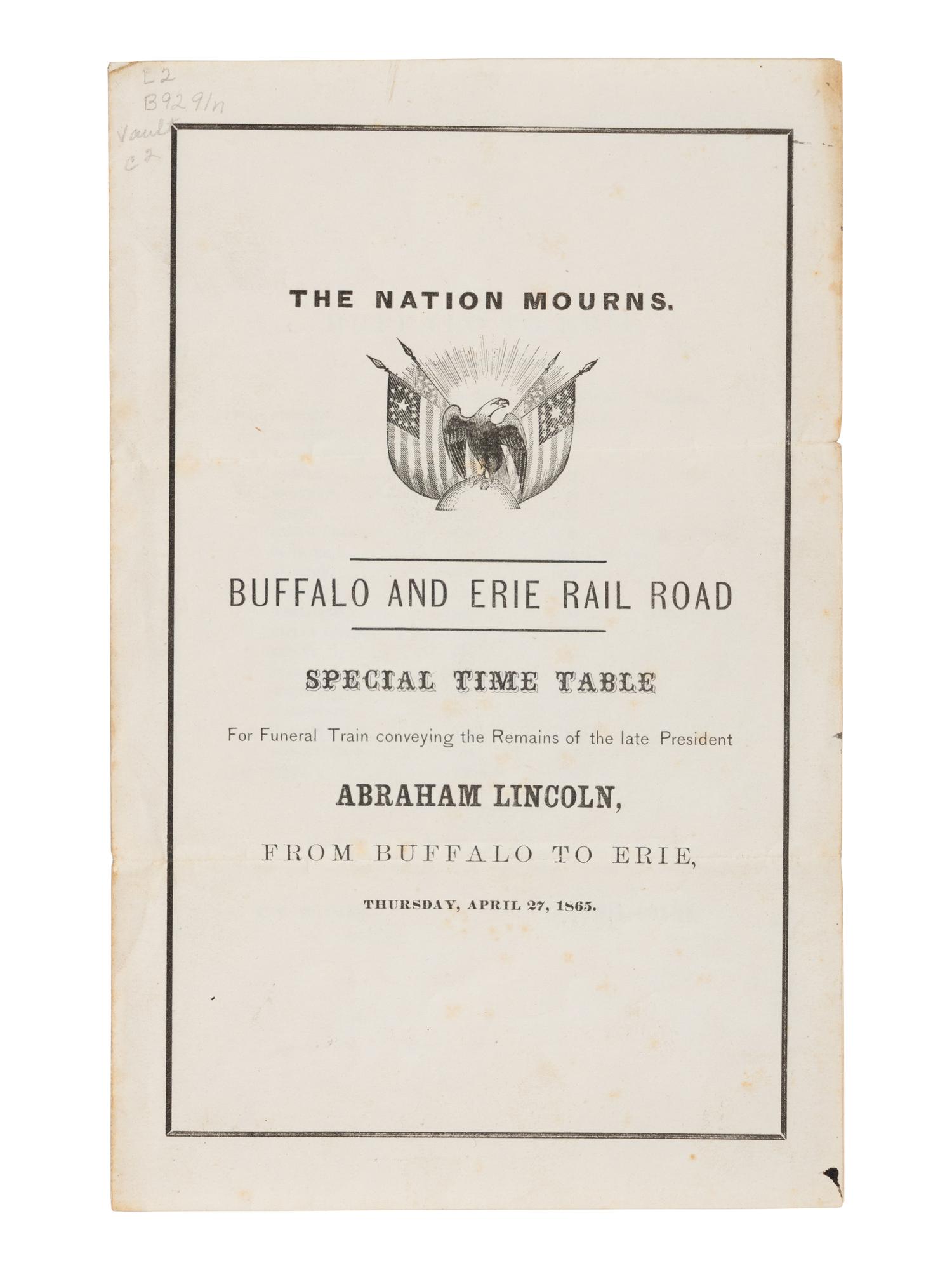 [LINCOLN FUNERAL]. A group of 3 funeral train schedules, comprising: