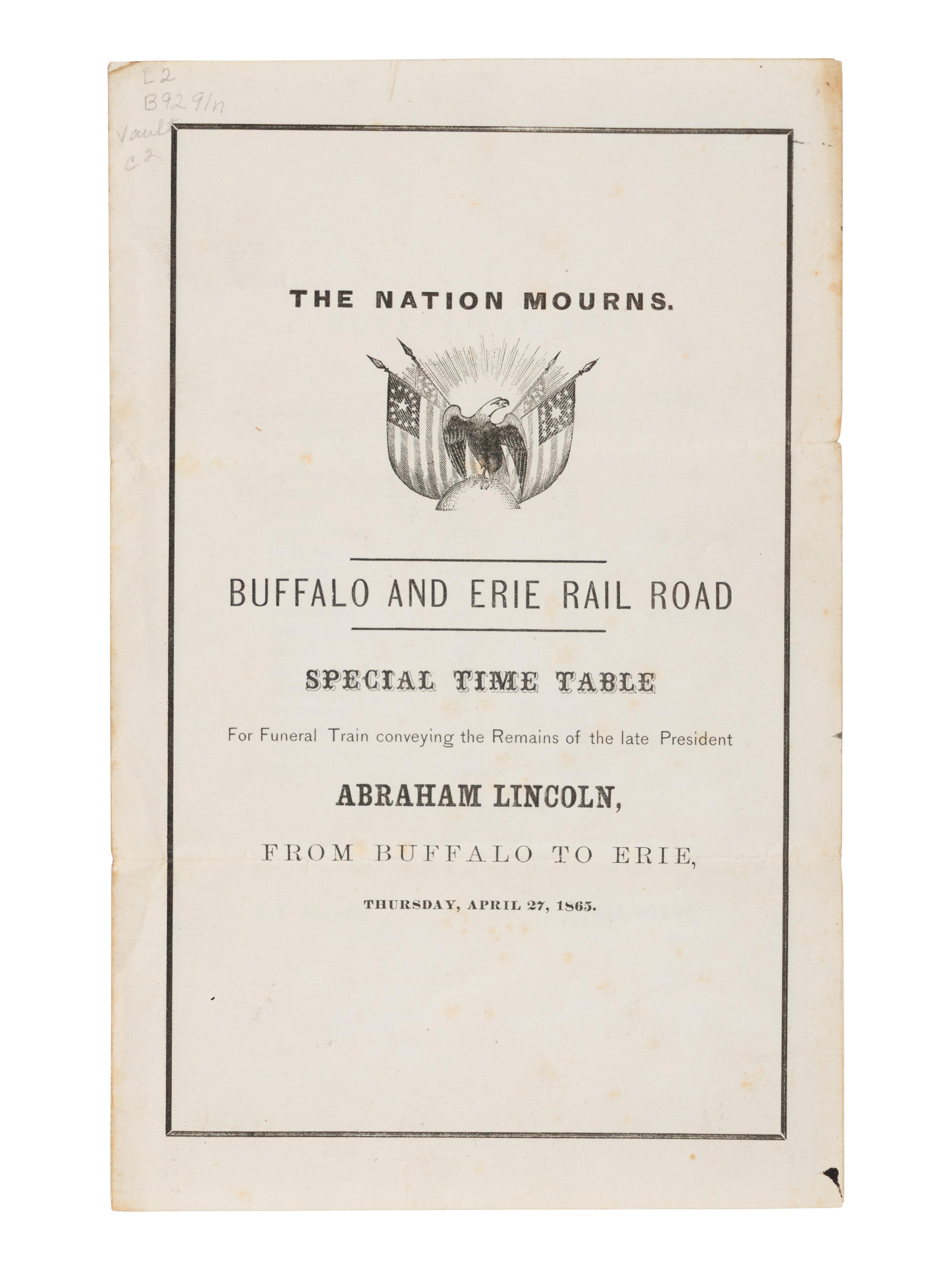 [LINCOLN FUNERAL]. A group of 3 funeral train schedules, comprising: