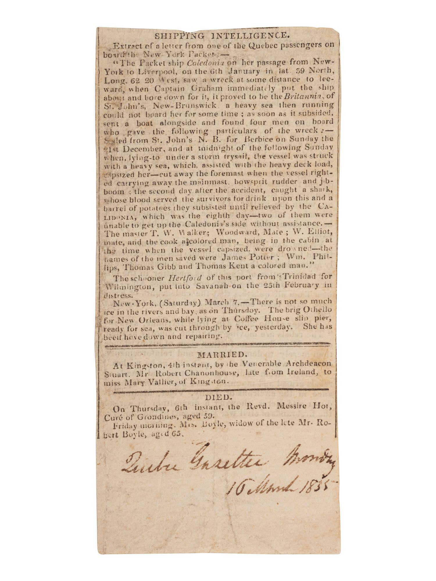 [SHIPWRECKS]. Manuscript testimony (court duplicate) of Thomas Kent, a Black man aboard the brigantine Britannia , wrecked off the coast of New Brunswick, British North America. 24 April 1835.