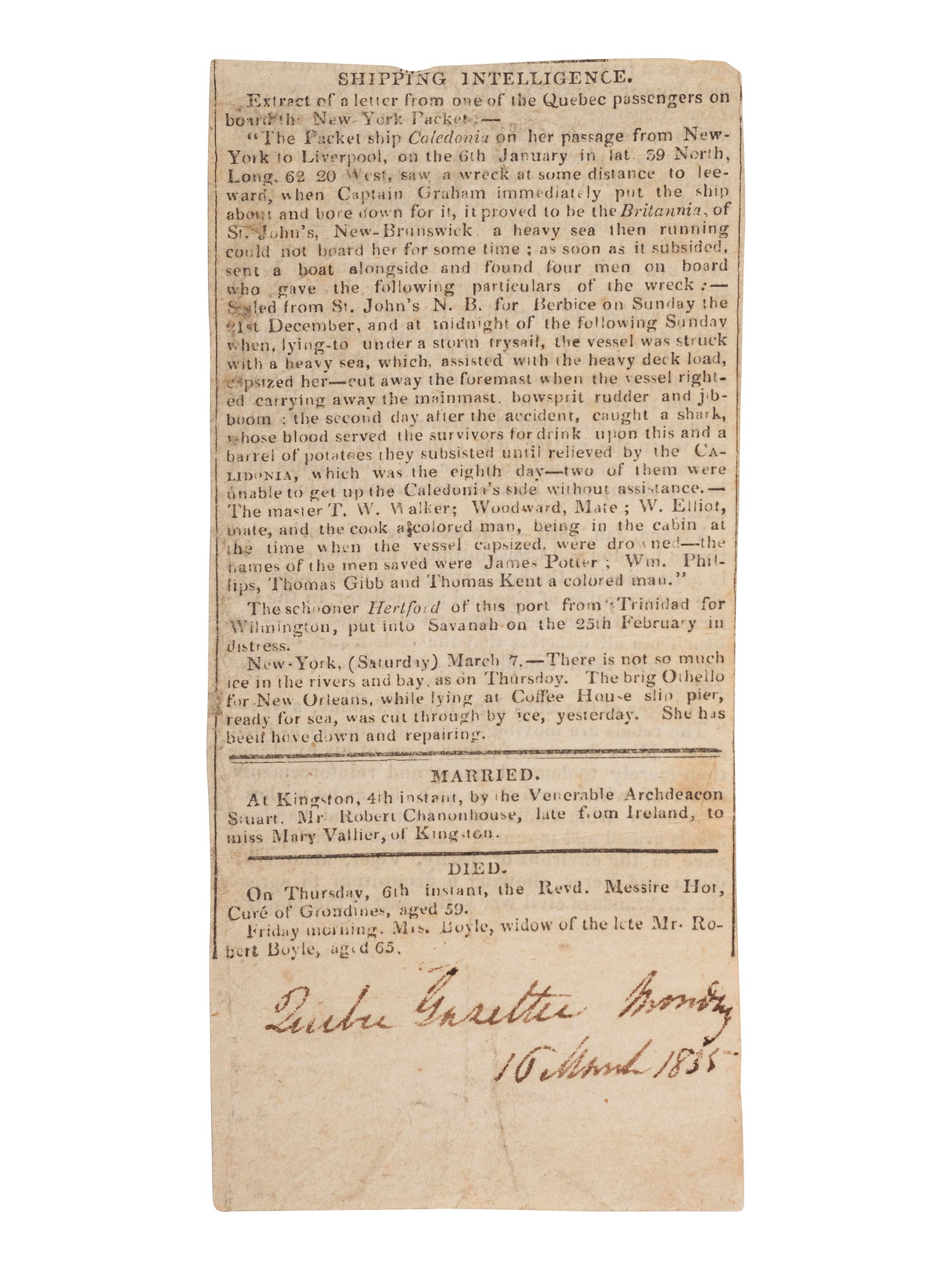 [SHIPWRECKS]. Manuscript testimony (court duplicate) of Thomas Kent, a Black man aboard the brigantine Britannia , wrecked off the coast of New Brunswick, British North America. 24 April 1835.