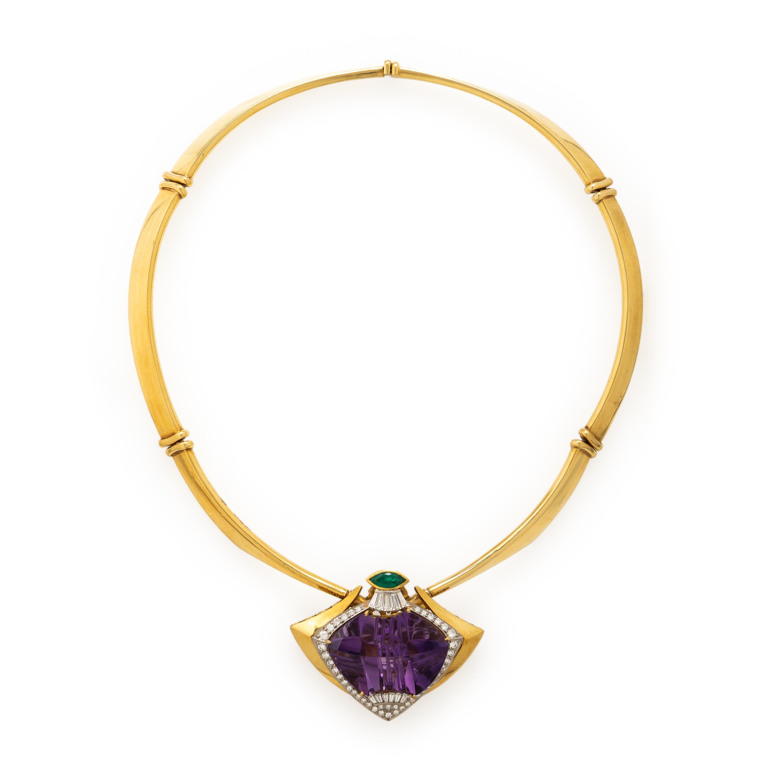 Amethyst, Emerald, Diamond, and Yellow Gold Convertible Pendant Brooch Necklace