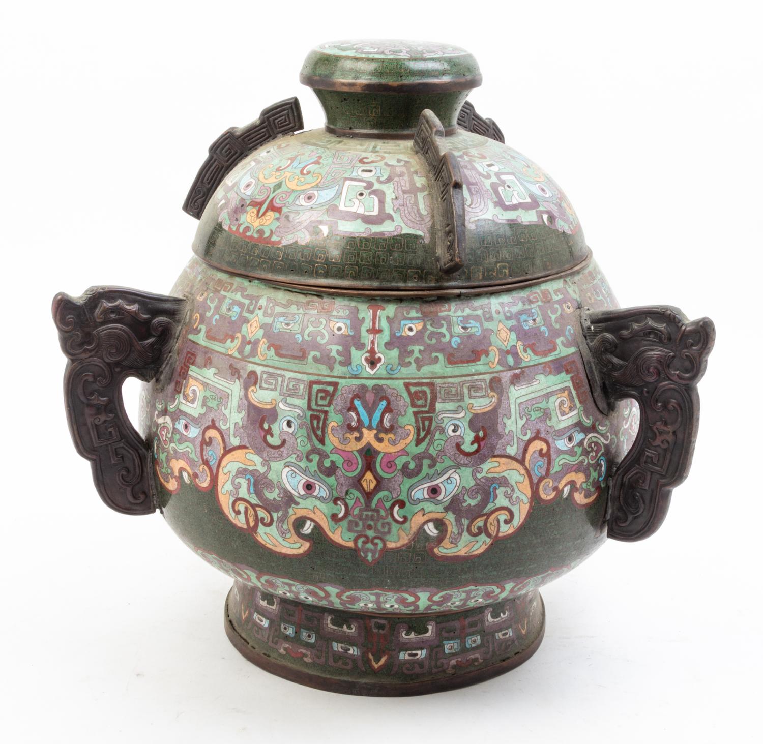 A Pair of Archaistic Cloisonne Vessels Height 16 1/2 inches.