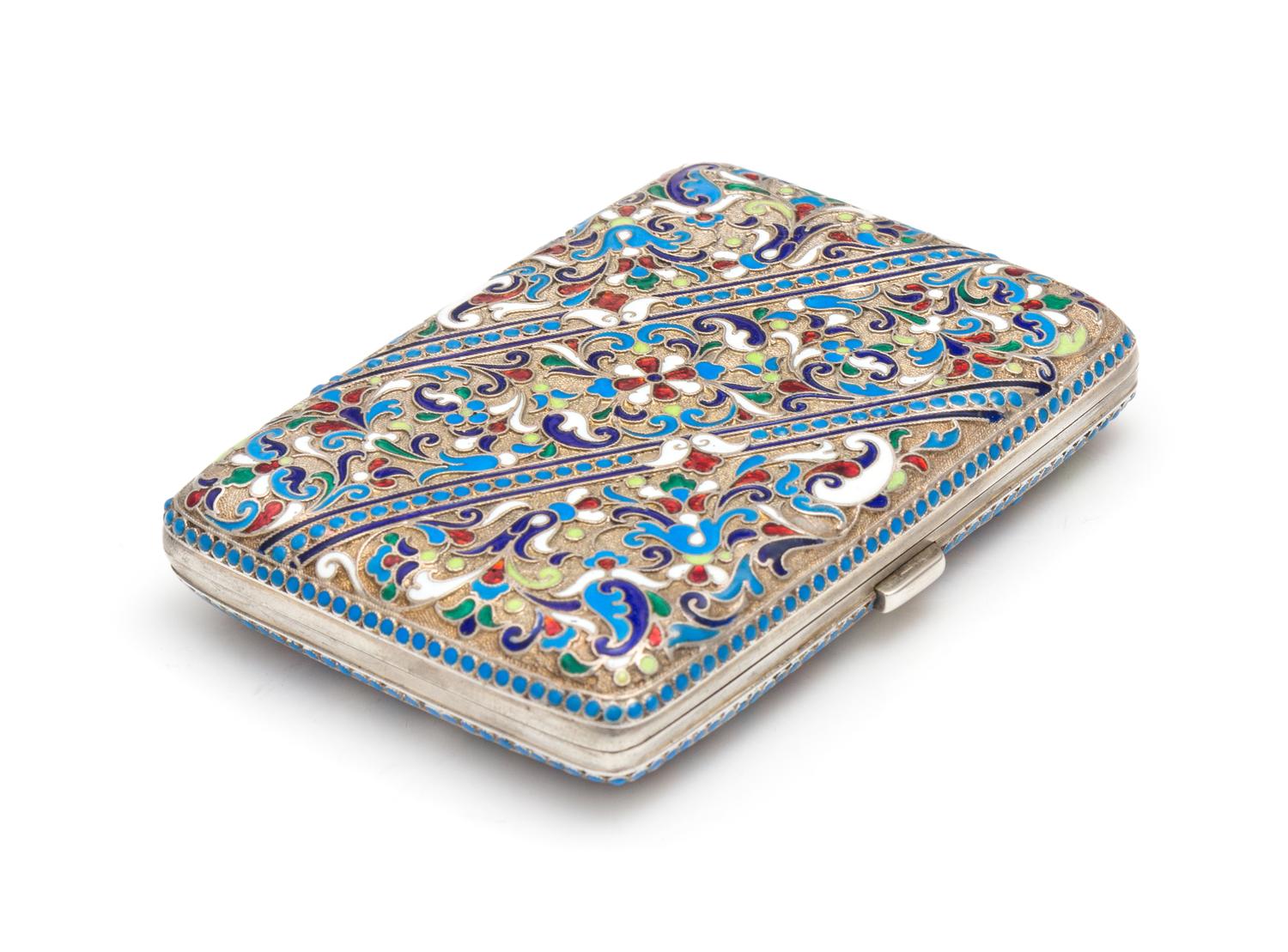 A Russian Enameled Silver Cigarette Case, Mark of Nikolai Zugeryev, Assay of Ivan Lebedkin, Moscow, Late 19th/Early 20th Century, the l