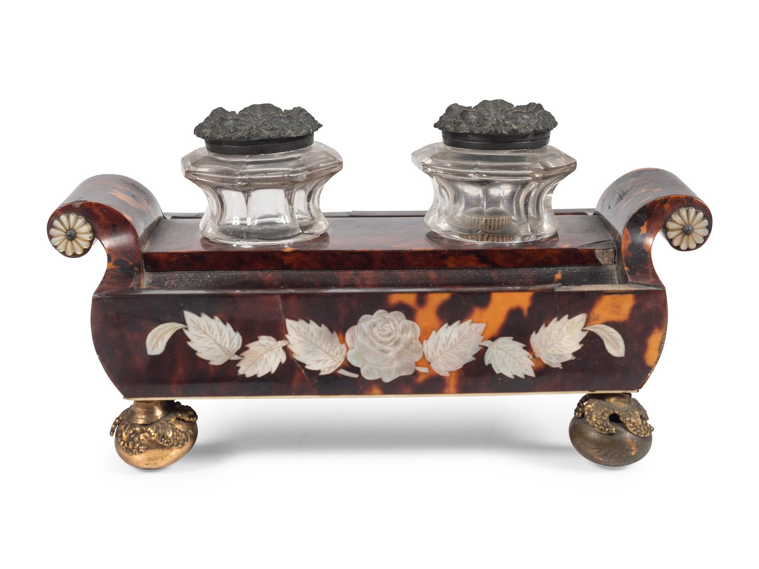 A Regency Tortoiseshell and Mother of Pearl Inkstand