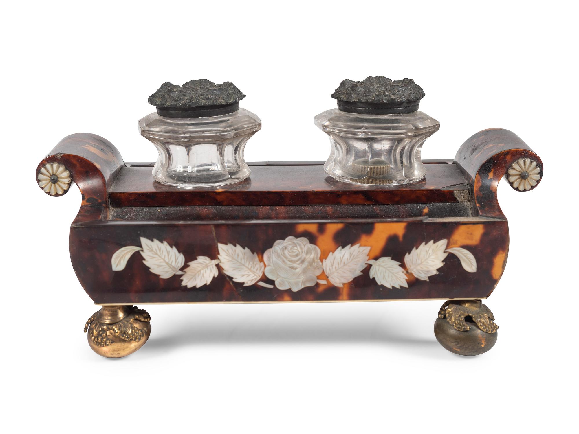 A Regency Tortoiseshell and Mother of Pearl Inkstand