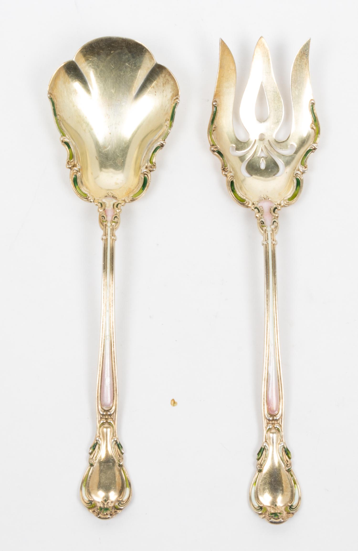 A Two-Piece Silver Gilt and Enamel Salad Serving Set Length 10 inches. — Gorham Mfg Co., Providence, RI, Circa 1900